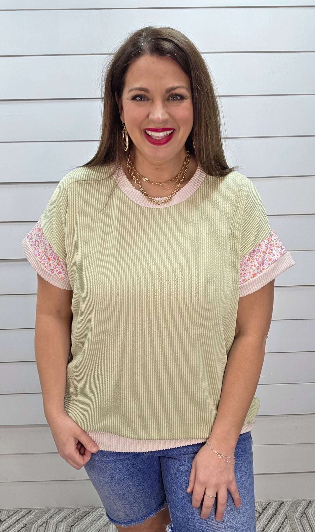 SAGE RAISED RIBBED KNIT TOP W/ FLORAL TRIM