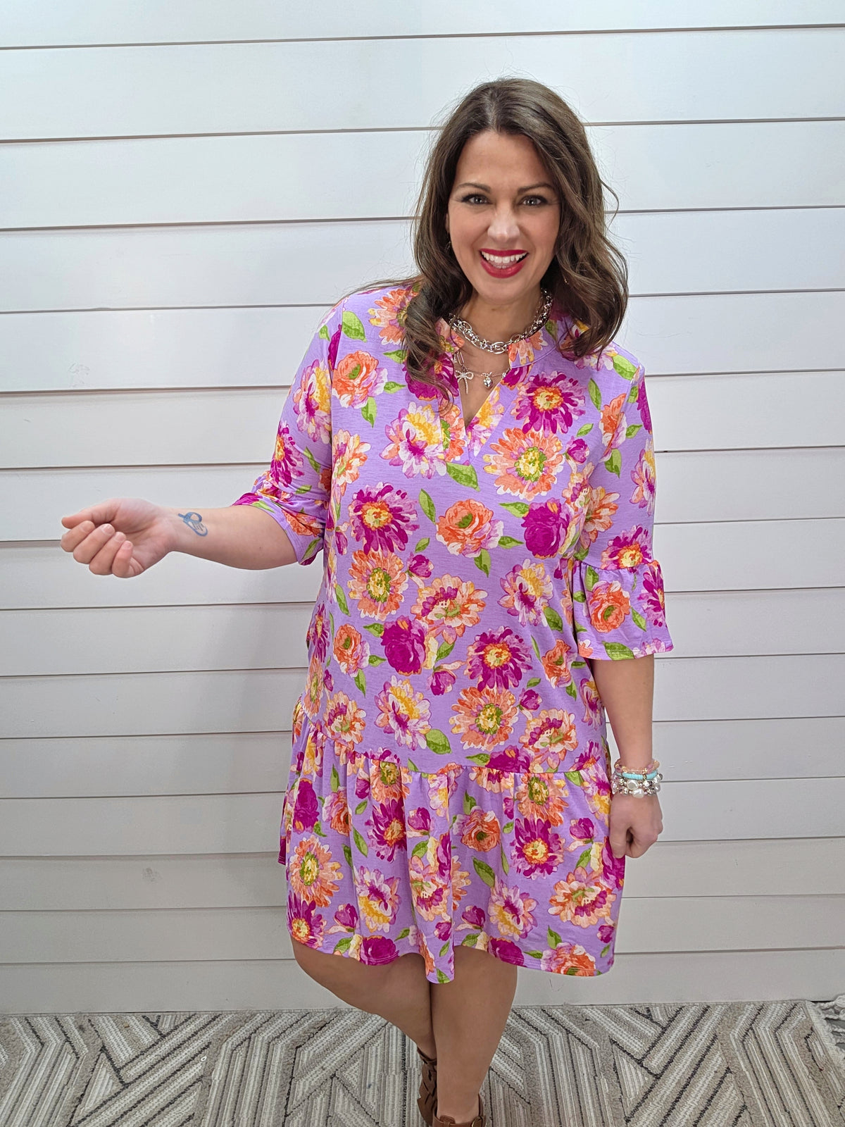 DEAR SCARLETT SUNDAY 3/4 SLEEVE RUFFLE DETAIL DRESS - ORCHID FLORAL