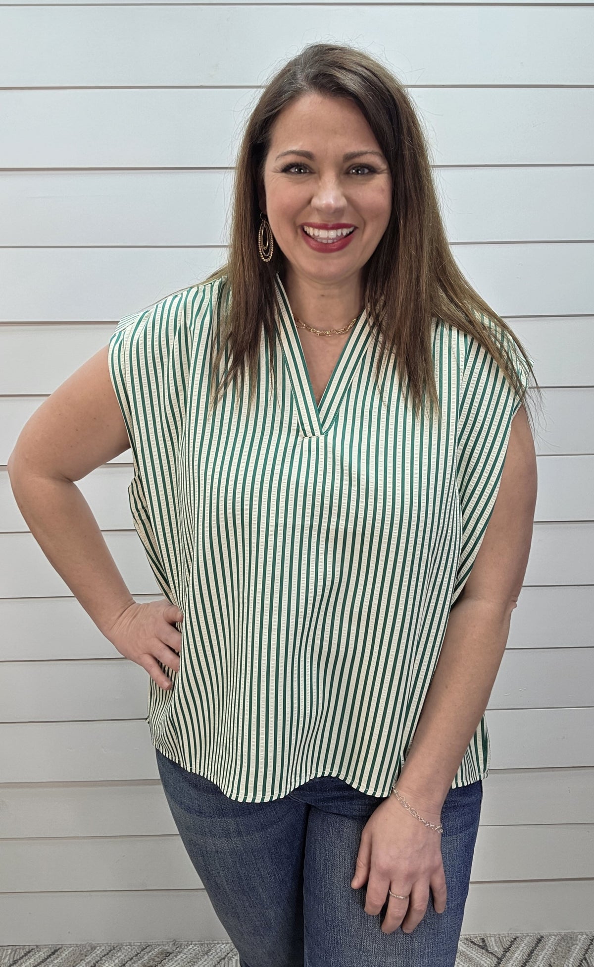 GREEN/CREAM TEXTURED STRIPED DROP SHOULDER WOVEN TOP