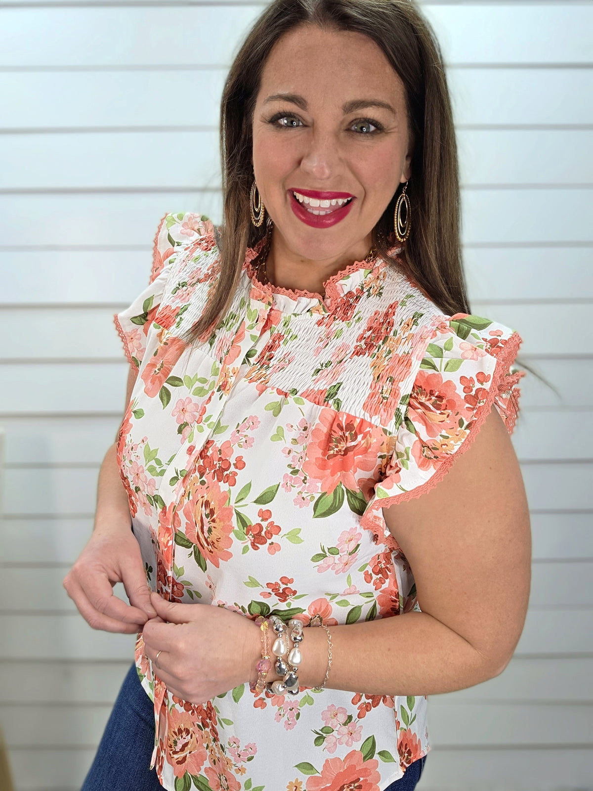 IVORY/CORAL FLORAL LACE TRIM BUTTON DOWN RUFFLE SLEEVE WOVEN TOP
