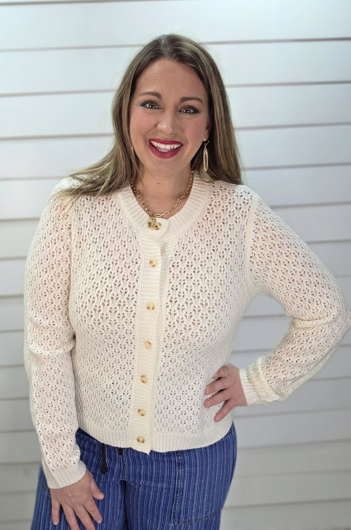 CREAM KNIT EYELET BUTTON DOWN KNIT CARDIGAN