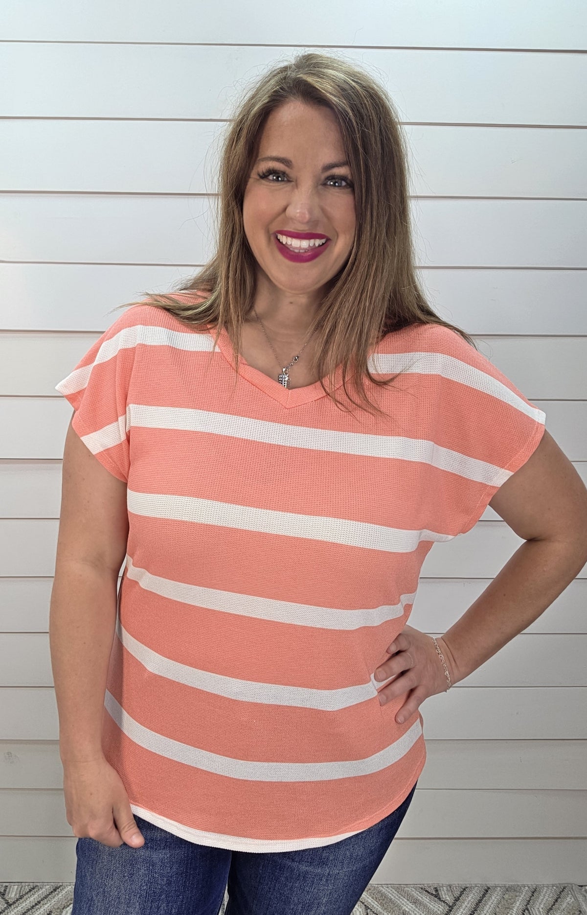 CORAL/WHITE STRIPED KNIT V NECK TOP