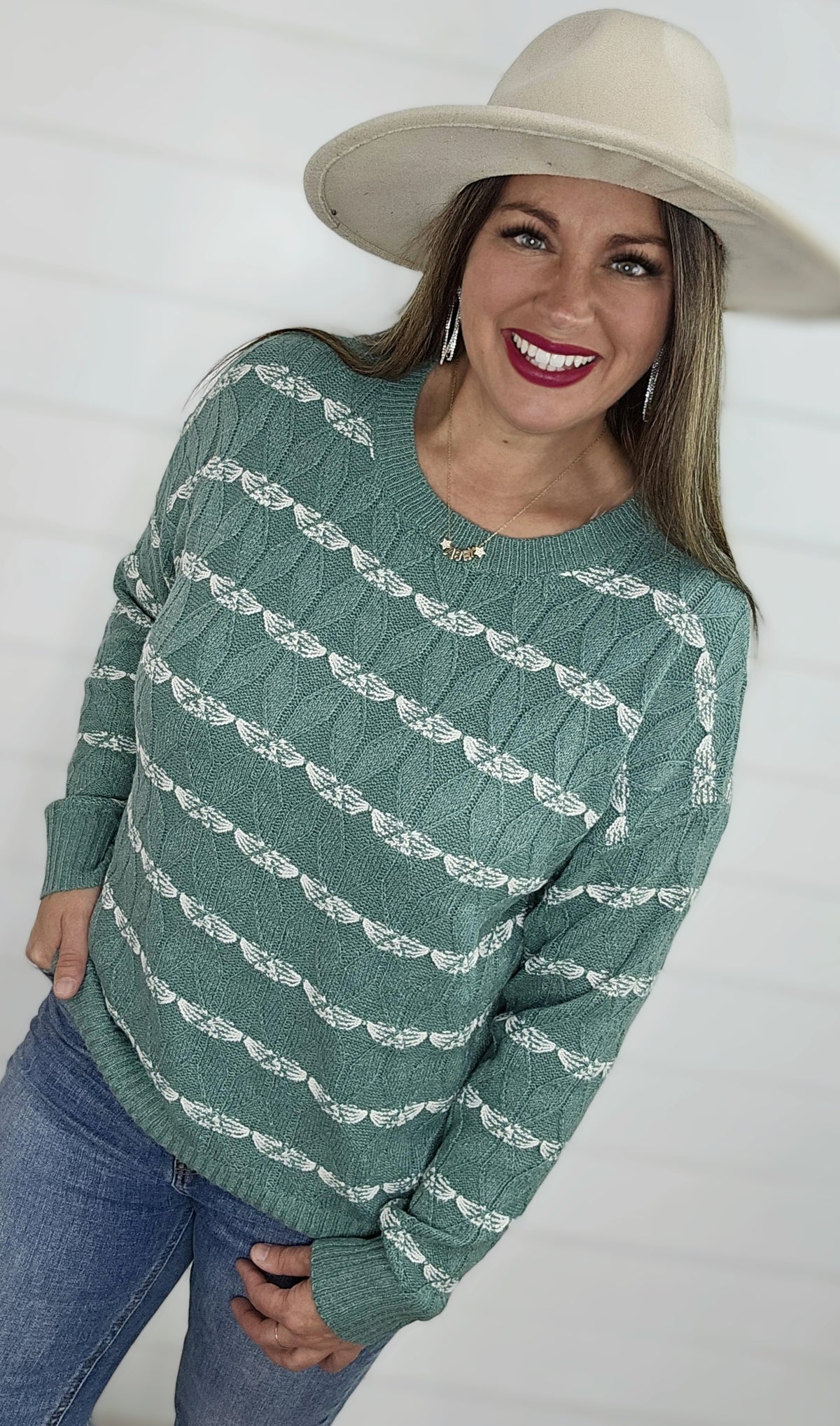 LT JADE TEXTURED STRIPE CREW NECK SWEATER