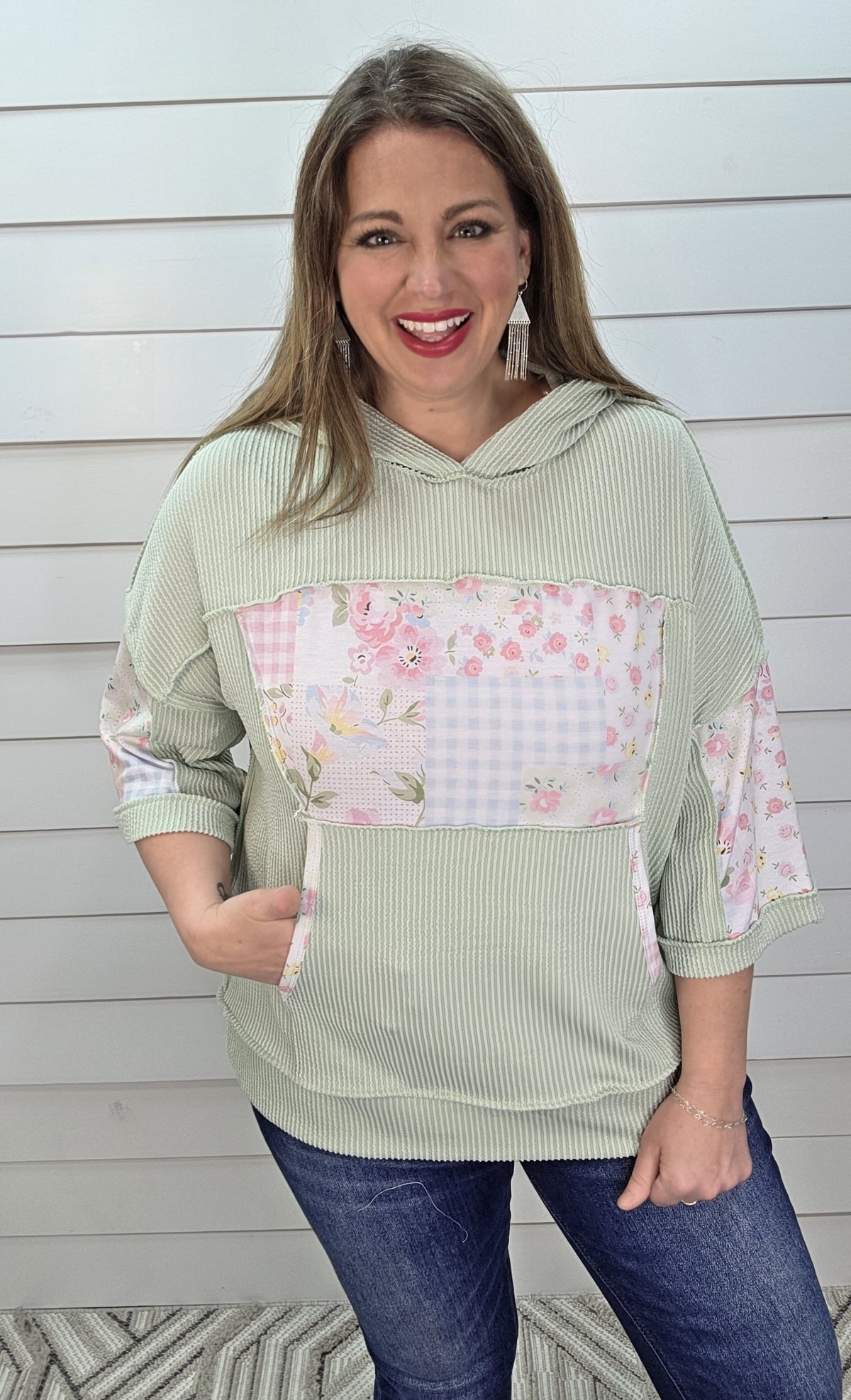 SAGE RAISED RIBBED HALF SLEECE FLORAL HOODIE