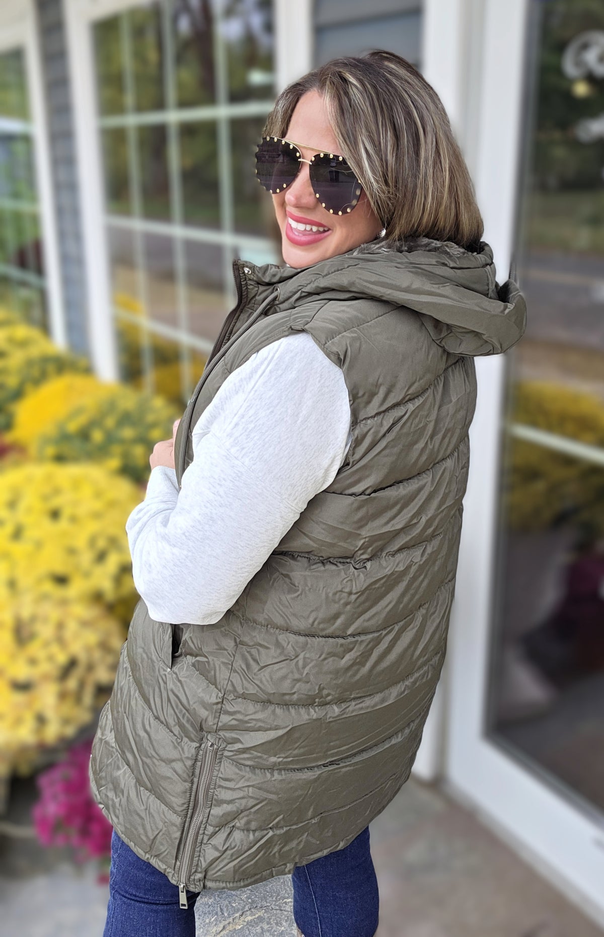 OLIVE LONG PUFFER HOODED VEST WITH SIDE ZIPPER