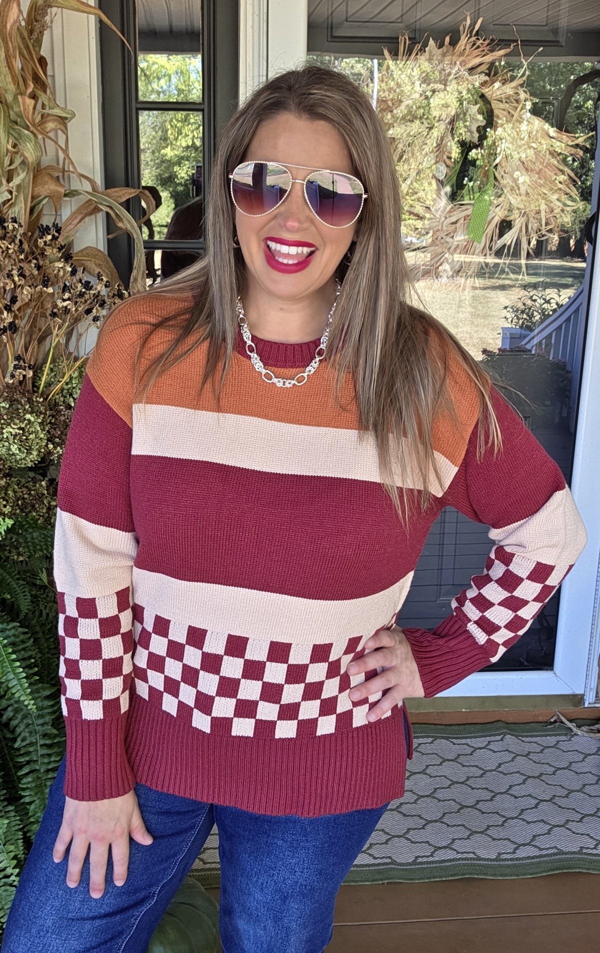 RUST CHECKERED COLORBLOCK KNIT SOFT SWEATER