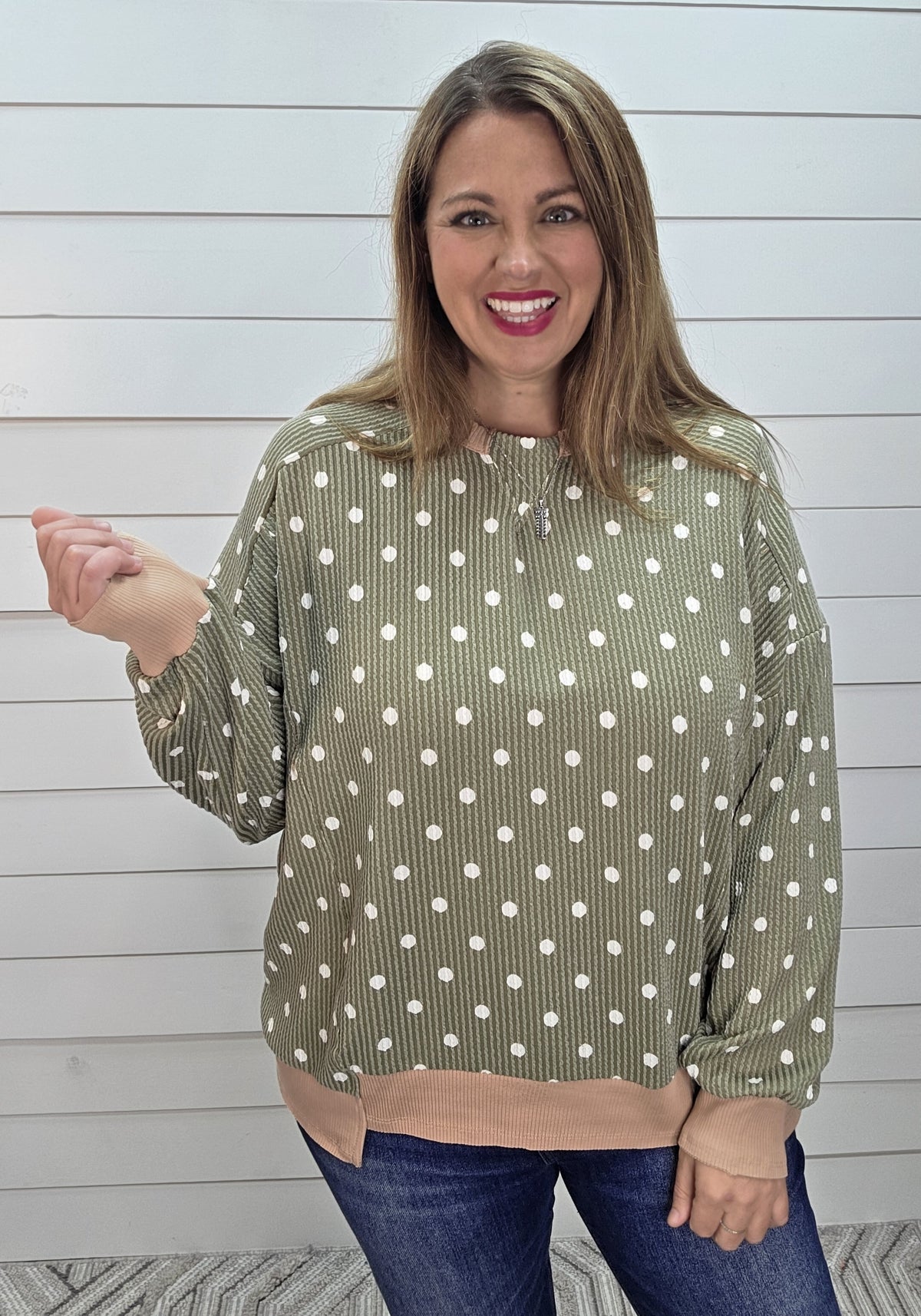 OLIVE RAISED RIBBED POLKADOT TOP W/ TAUPE TRIM
