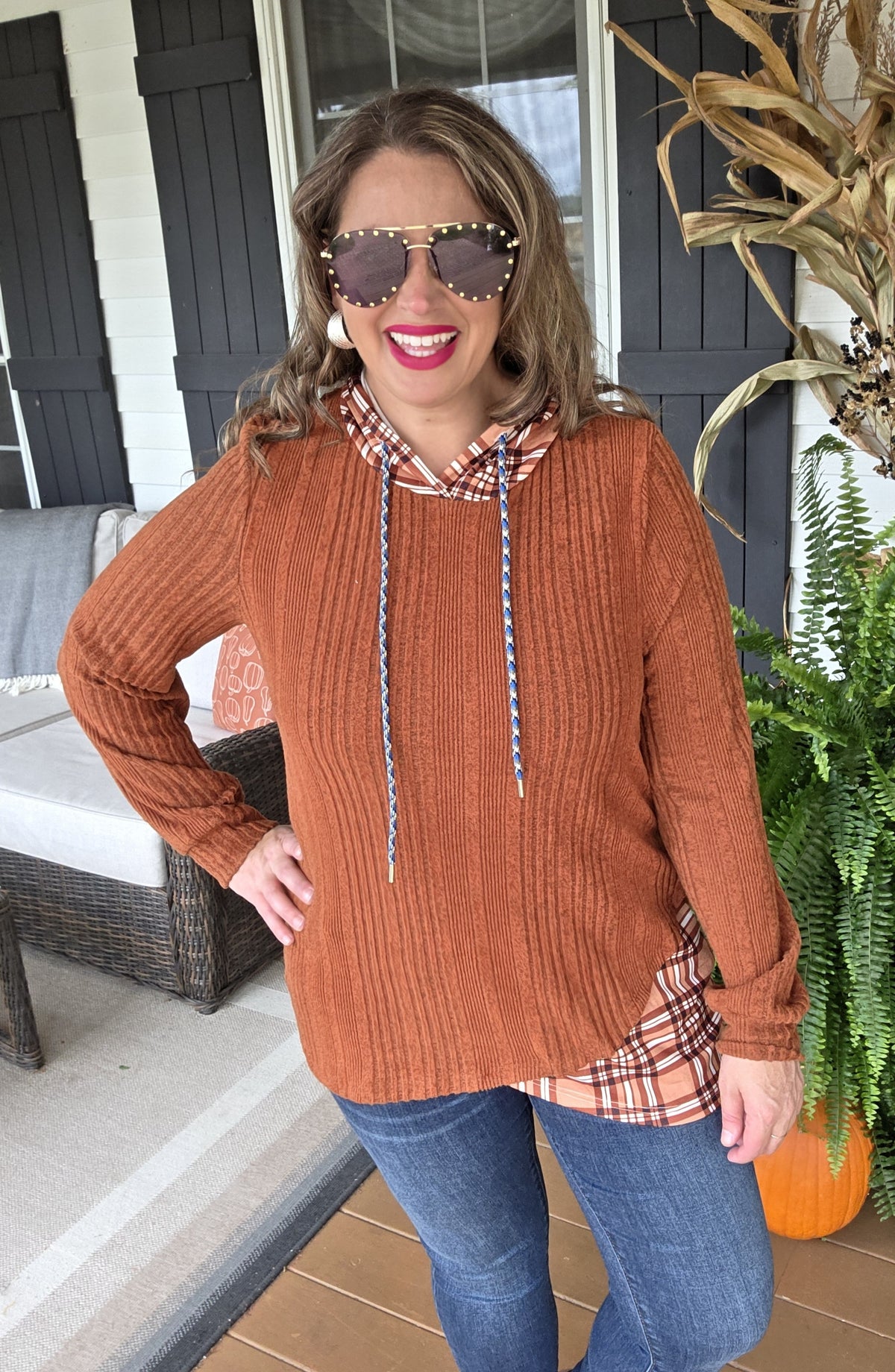 RUST BRUSHED KNIT PLAID CONTRAST LIGHT WEIGHT HOODIE