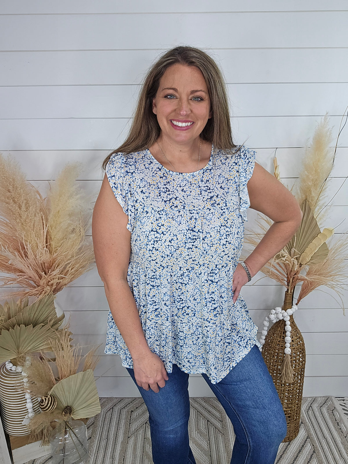 NAVY PETITE FLORAL KNIT TIERED TOP