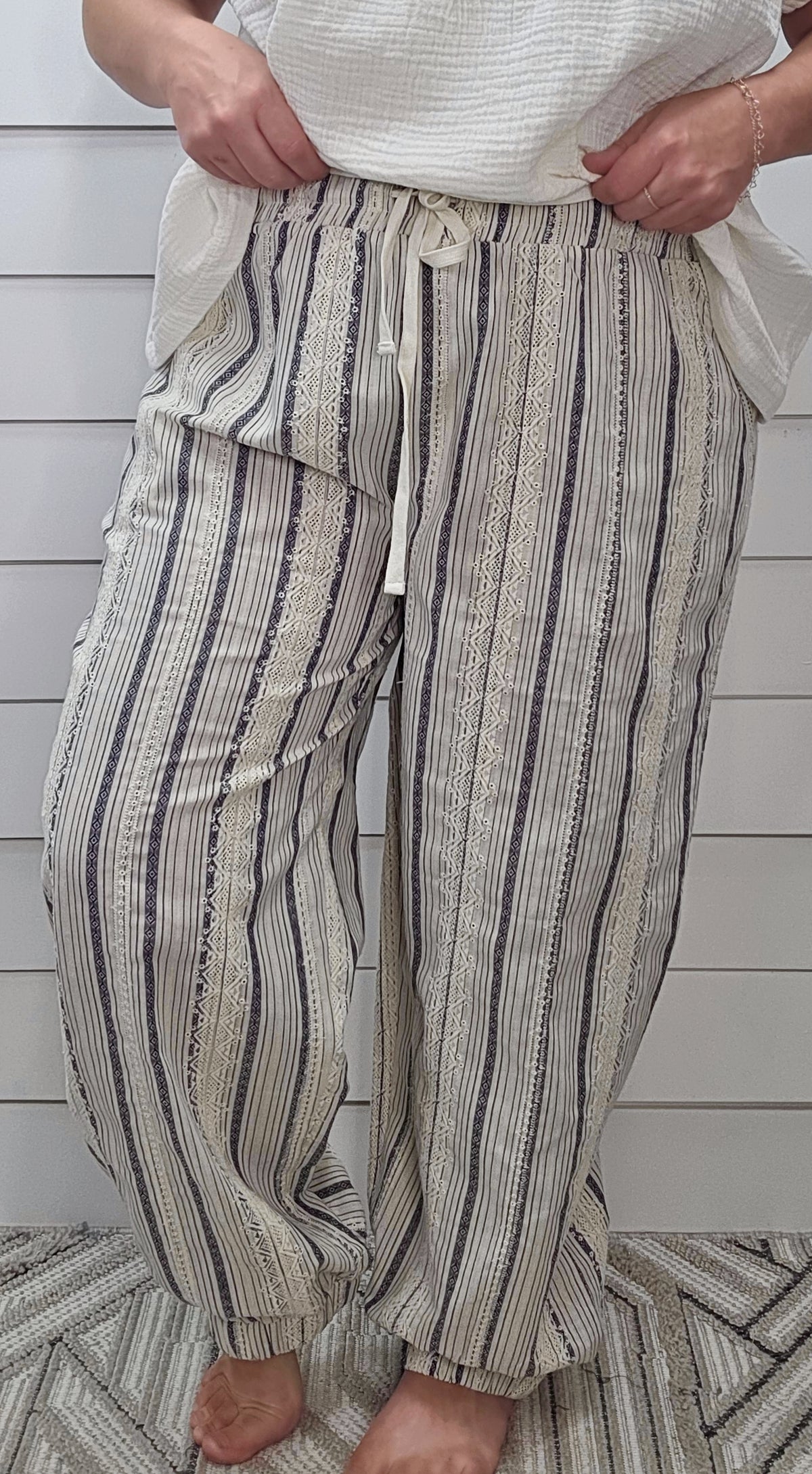 OATMEAL/NAVY STRIPED LOOSE FIT JOGGERS W/ LACE TRIM