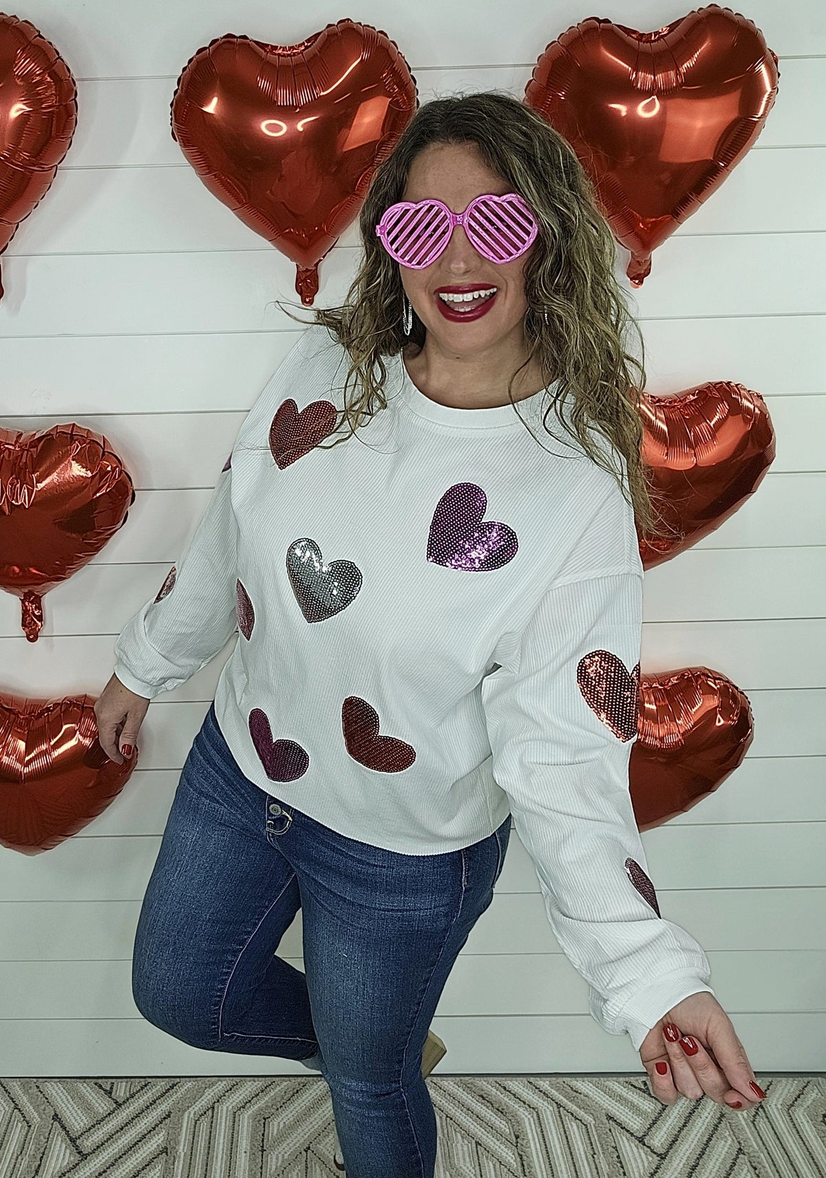 WHITE CORDED PULLOVER W/ SEQUIN HEARTS