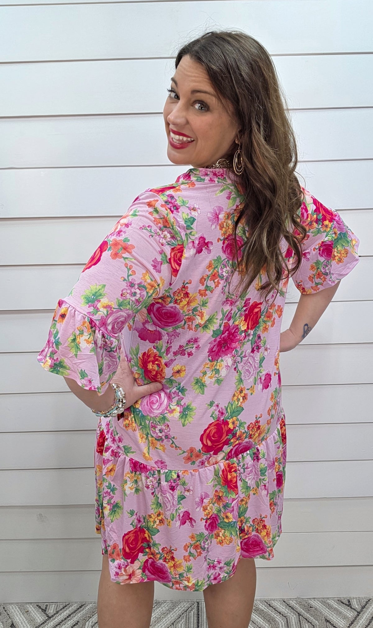 DEAR SCARLETT SUNDAY 3/4 SLEEVE RUFFLE DETAIL DRESS - BLUSH PINK FLORAL