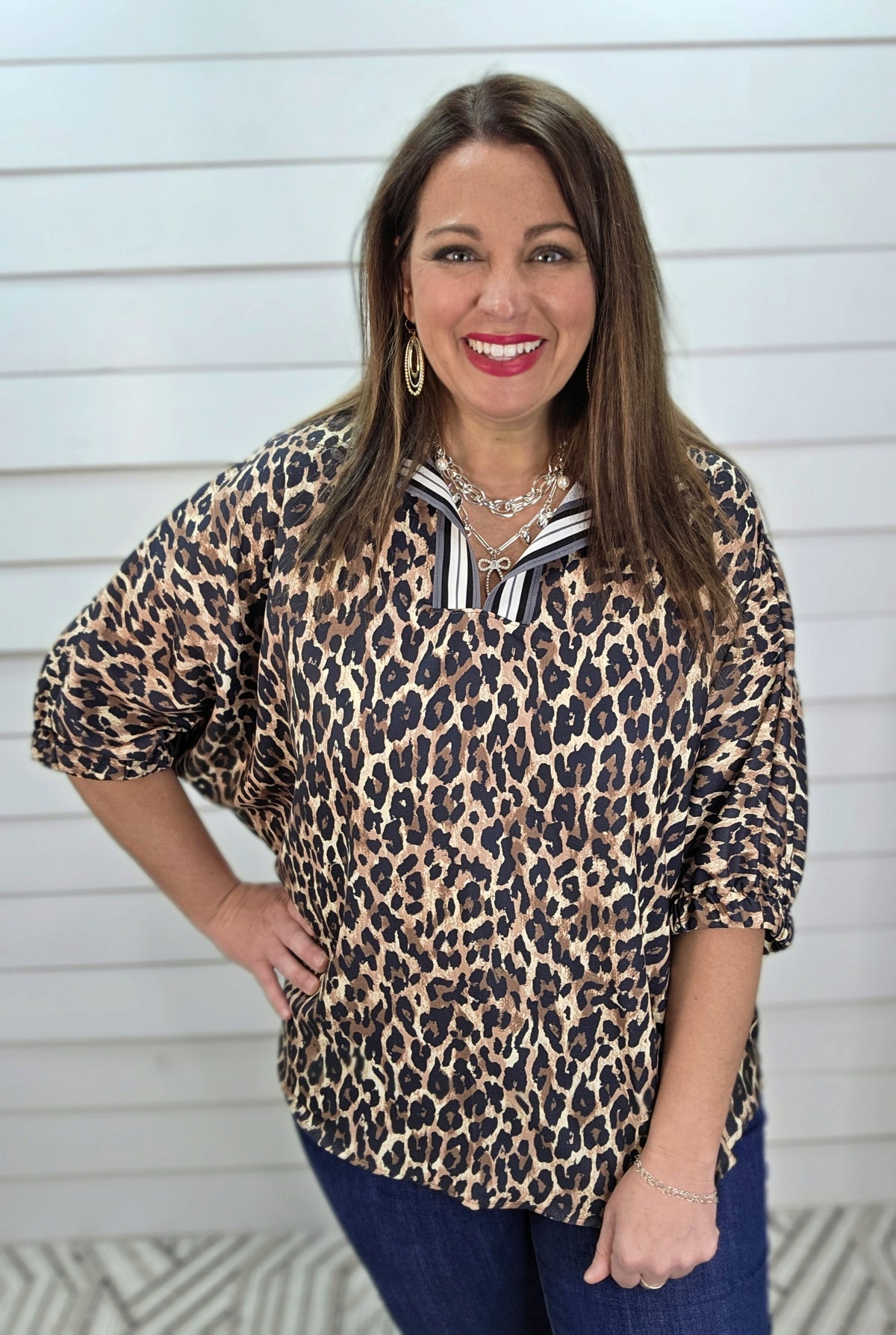 TAUPE LEOPARD TAPED COLLAR DOLMAN WOVEN TOP