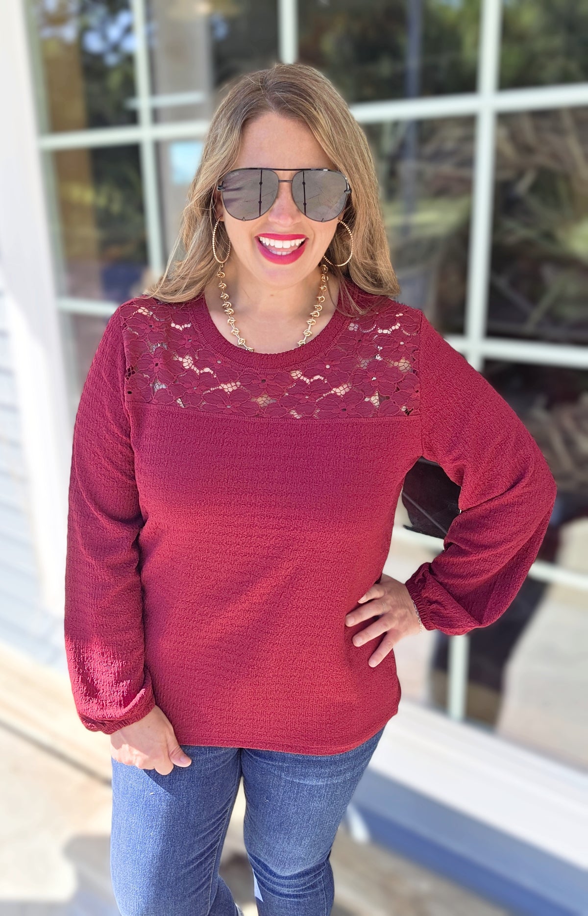 WINE TEXTURED LACE TRIM YOKE TOP