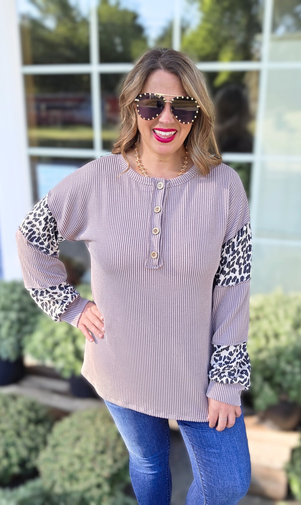 TAUPE RAISED RIBBED LEOPARD CONTRAST HENLEY