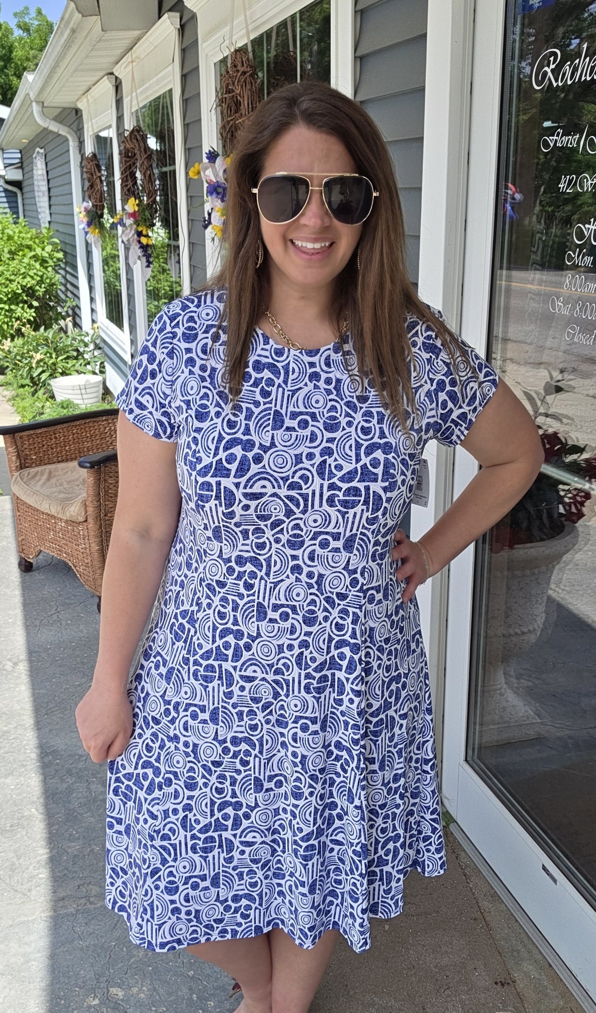 BLUE/WHITE GEO PRINTED KNIT DRESS
