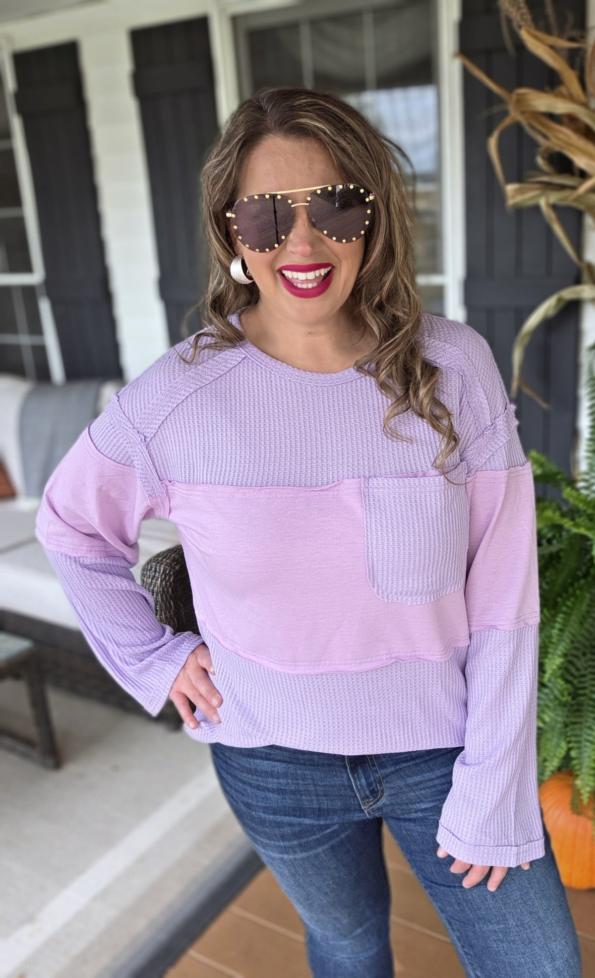 PURPLE WAFFLE CONTRAST POCKET KNIT TOP