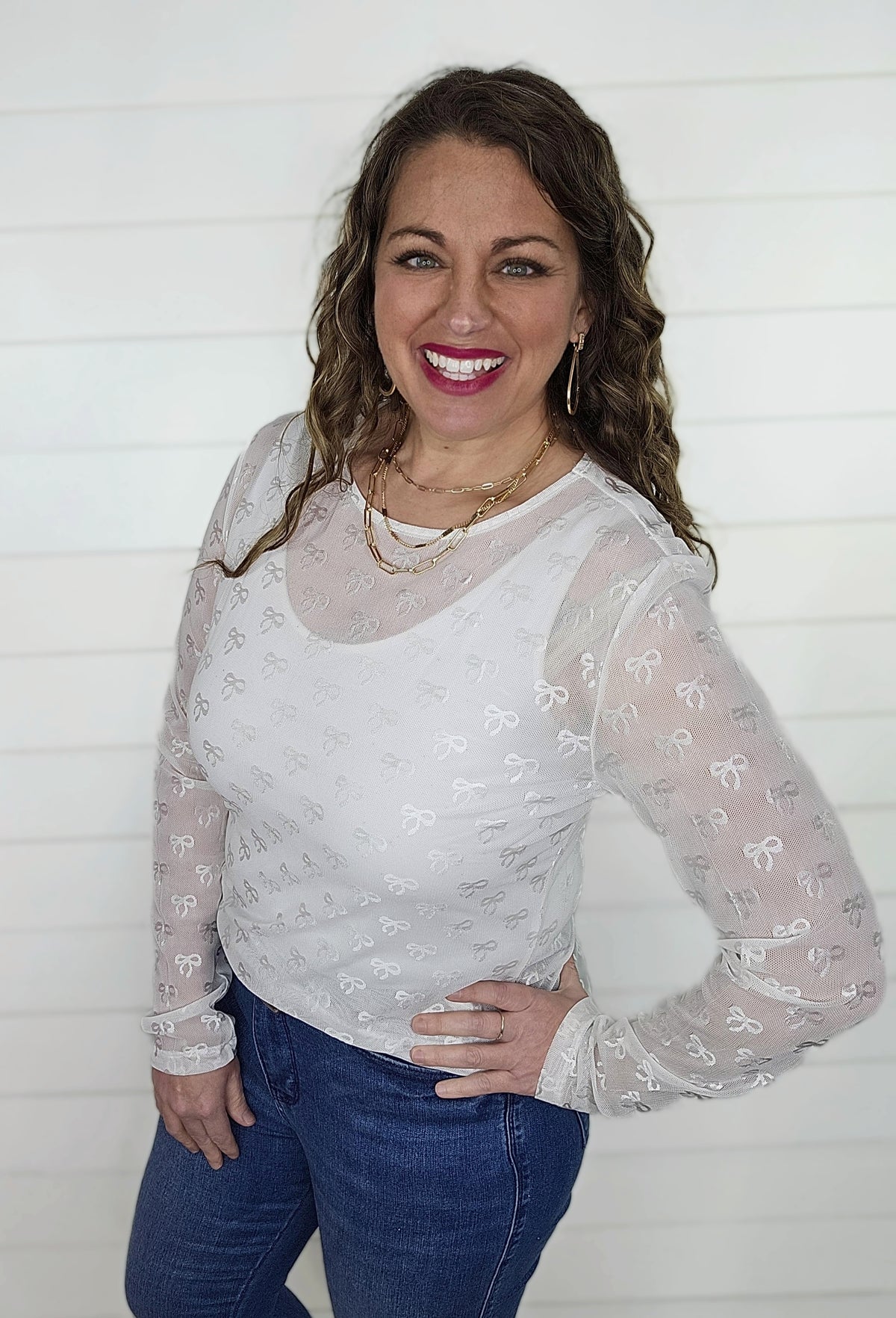 WHITE BOW MESH TOP