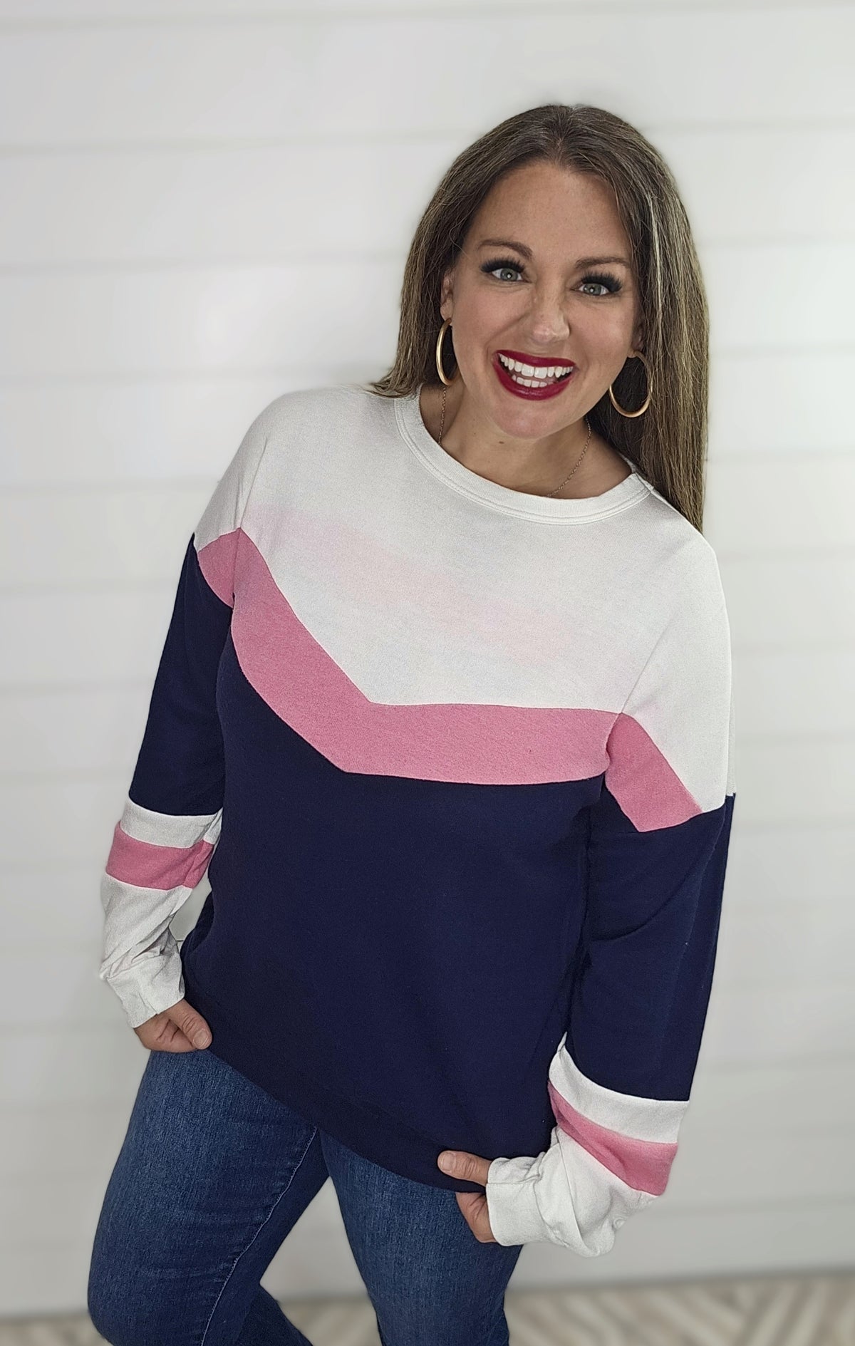 NAVY/PINK CHEVRON STRIPE BRUSHED KNIT COLORBLOCK TOP