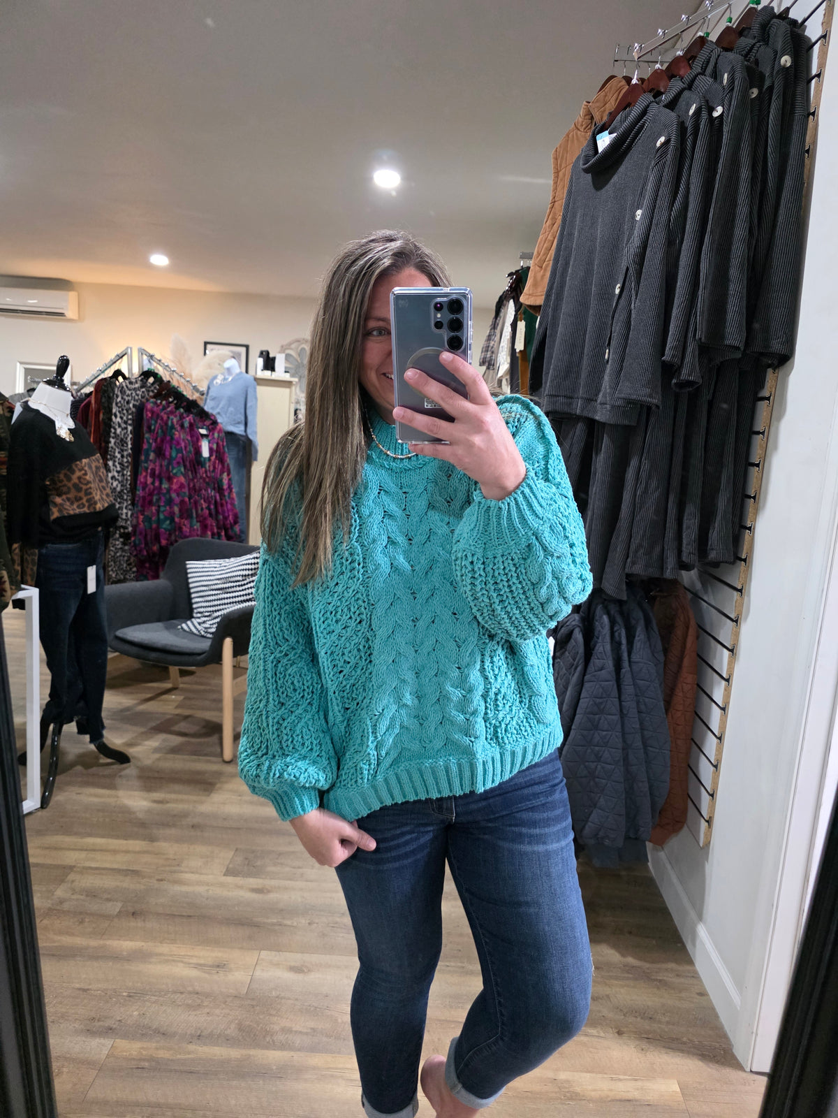 POL AQUA TEAL CABLE KNIT SWEATER