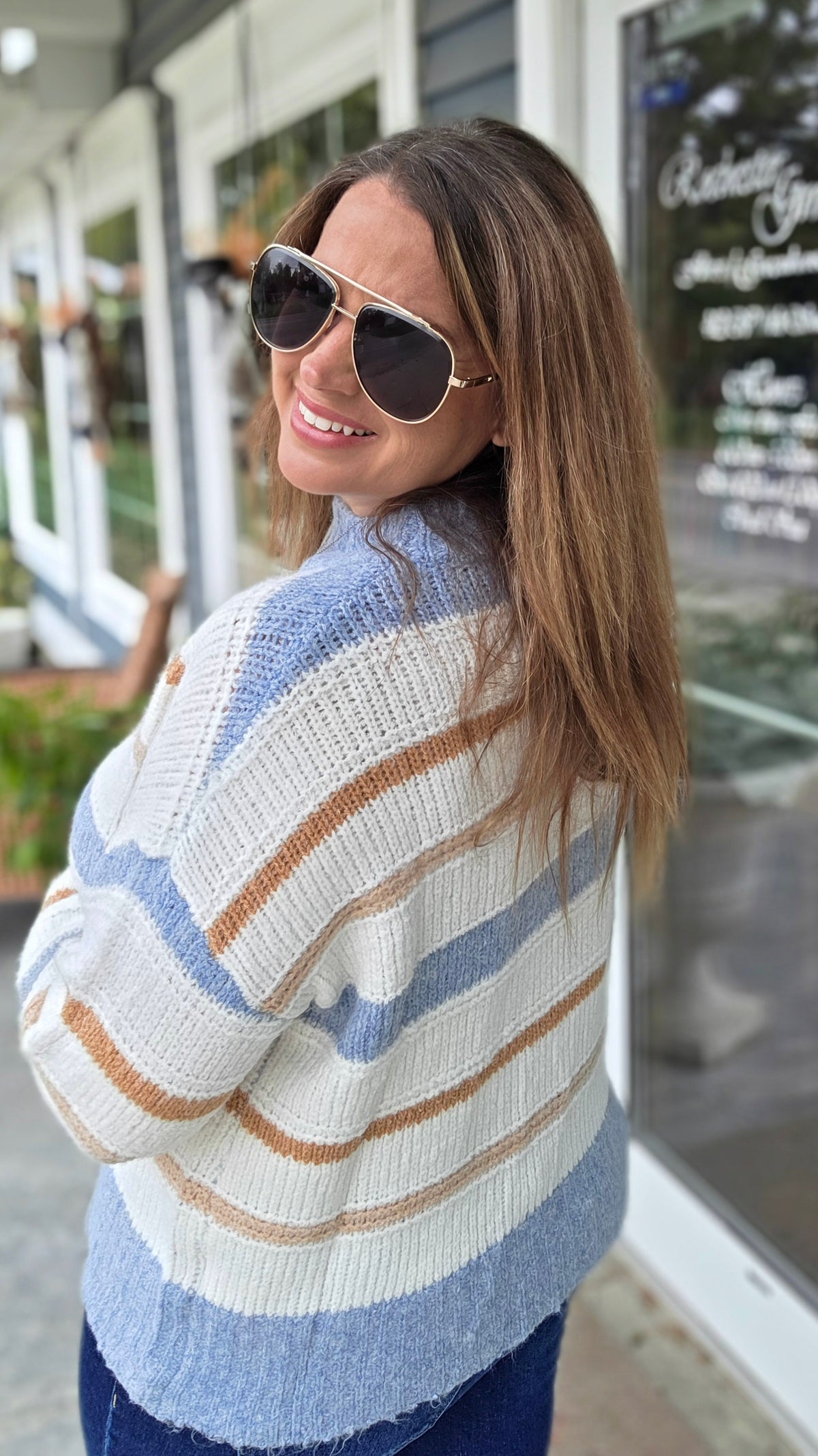 KHAKI/BLUE/CREAM OVERSIZED STRIPED KNIT SWEATER