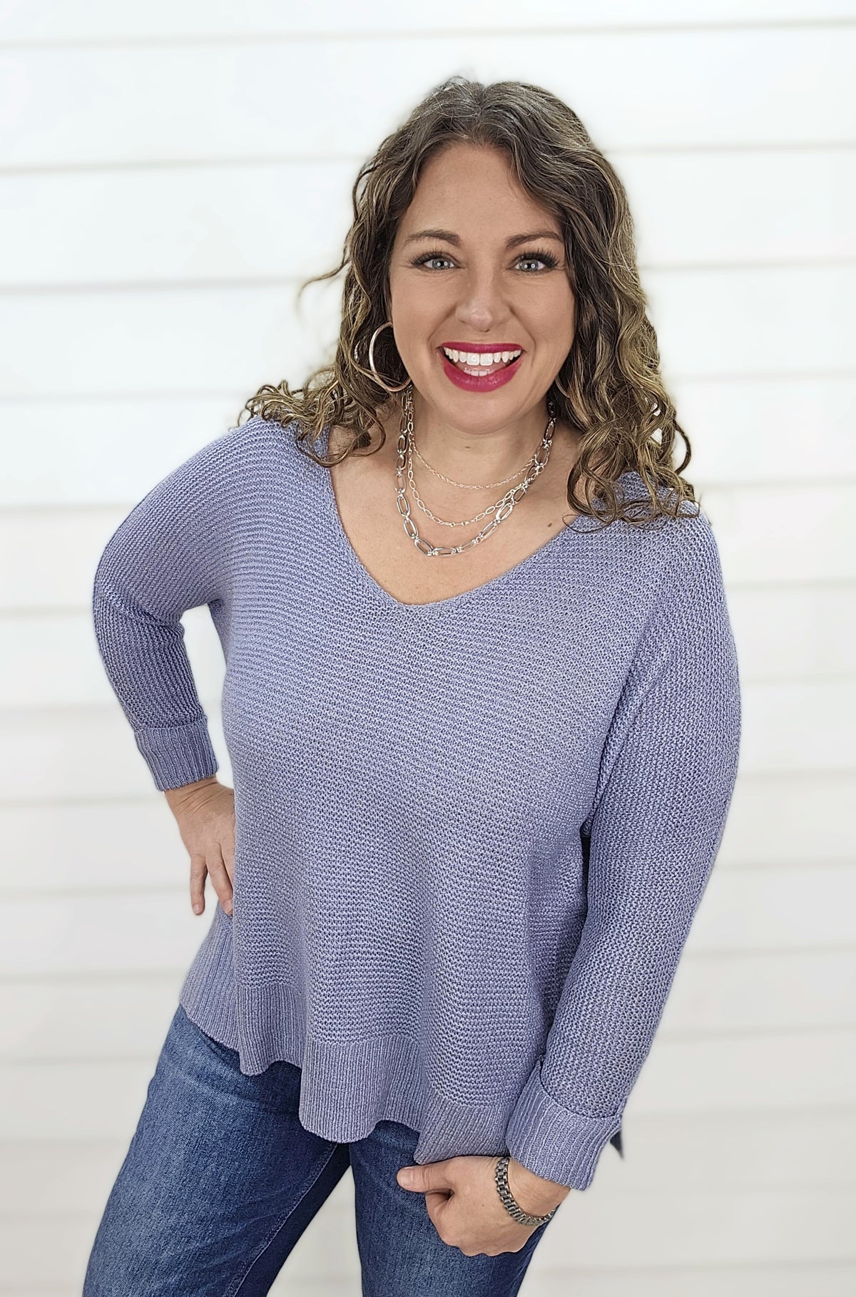 SLATE BLUE V NECK SLOUCH SWEATER W/ ROLLED SLEEVE