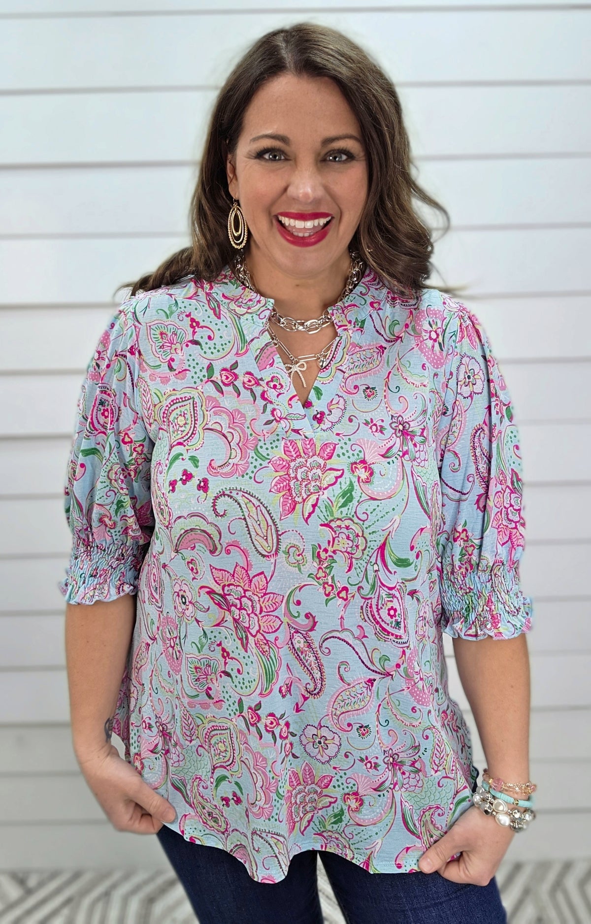 DEAR SCARLETT SMOCKED TOP - AQUA PINK PAISLEY PRINT