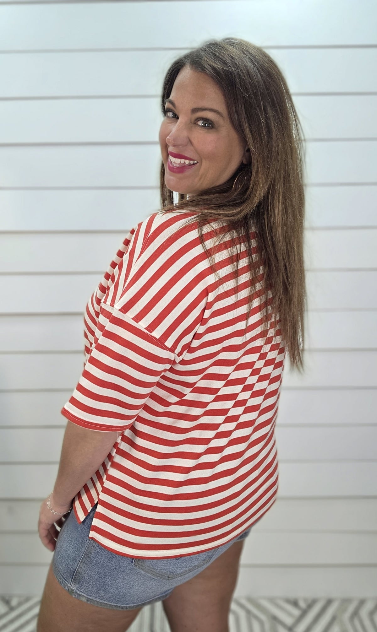 RED/CREAM STRIPED FENCH TERRY KNIT TOP W/ SAND NECKLINE