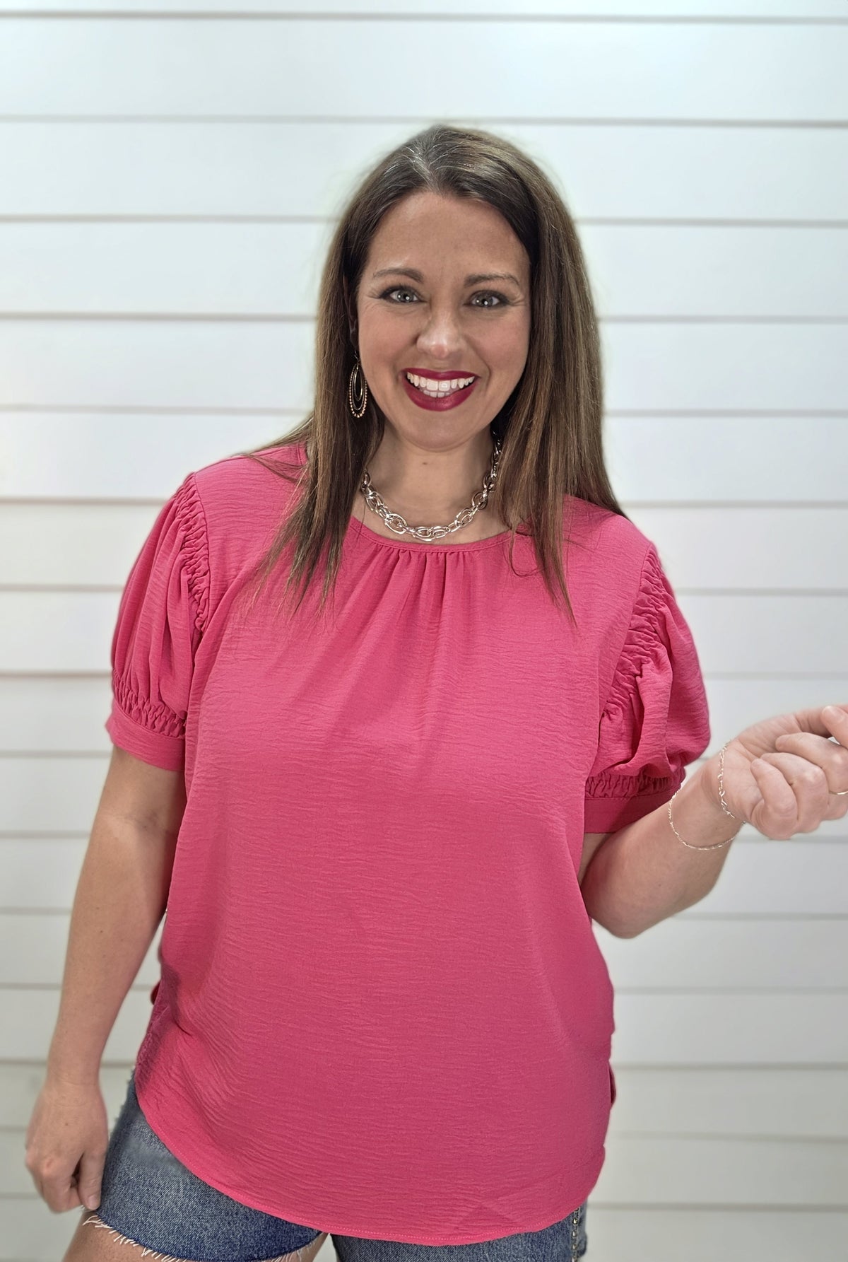 FUCHSIA AIR FLOW SMOCKED SHORT SLEEVE TOP