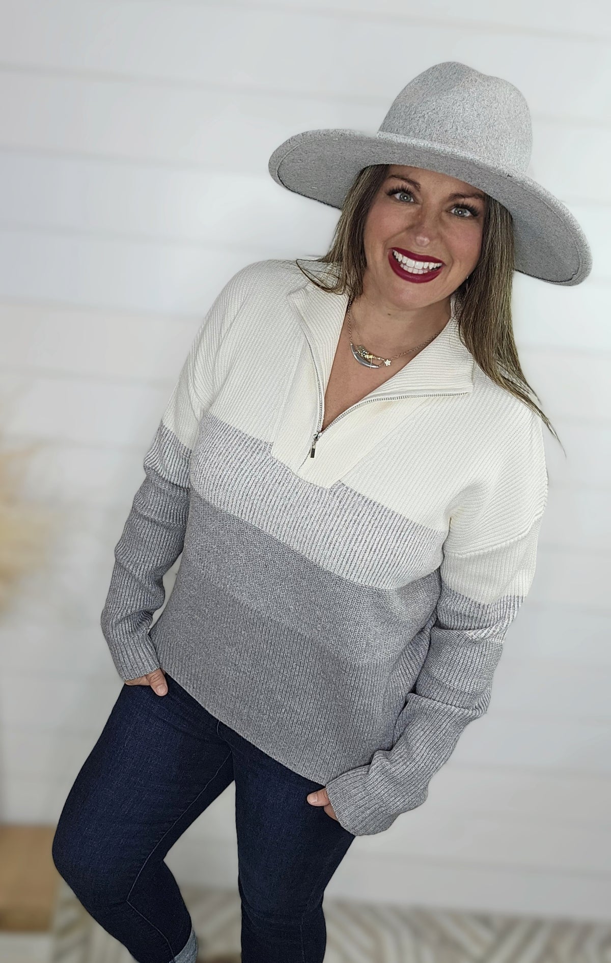 GREY/WHITE TEXTURED QUARTER ZIP COLORBLOCK SWEATER