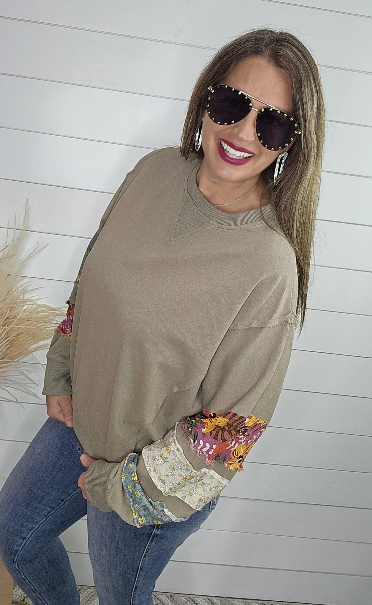 OLIVE GREY MIX PRINT SLEEVE OVERSIZED TOP