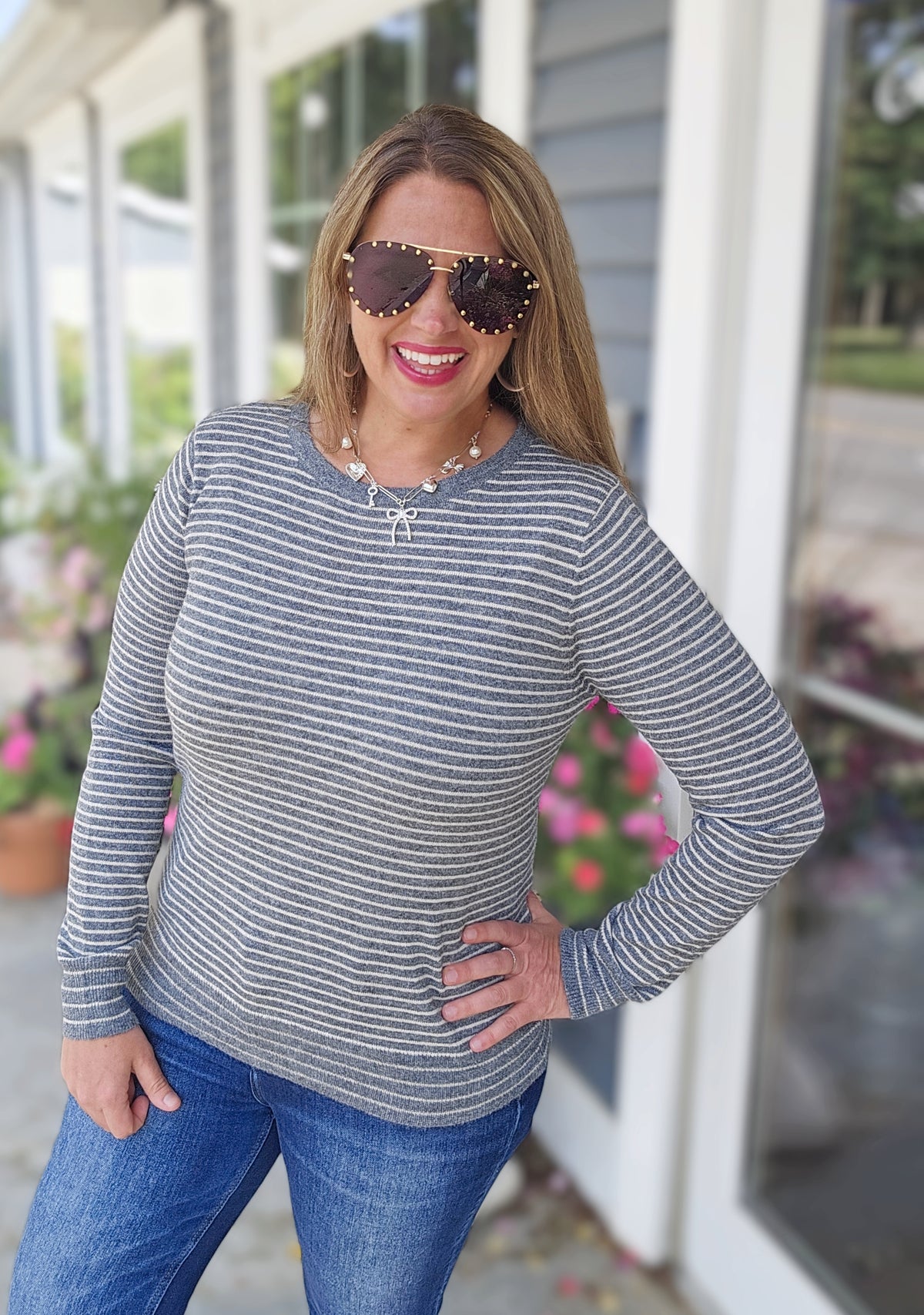 GREY/WHTIE STRIPED LIGHT WEIGHT SWEATER