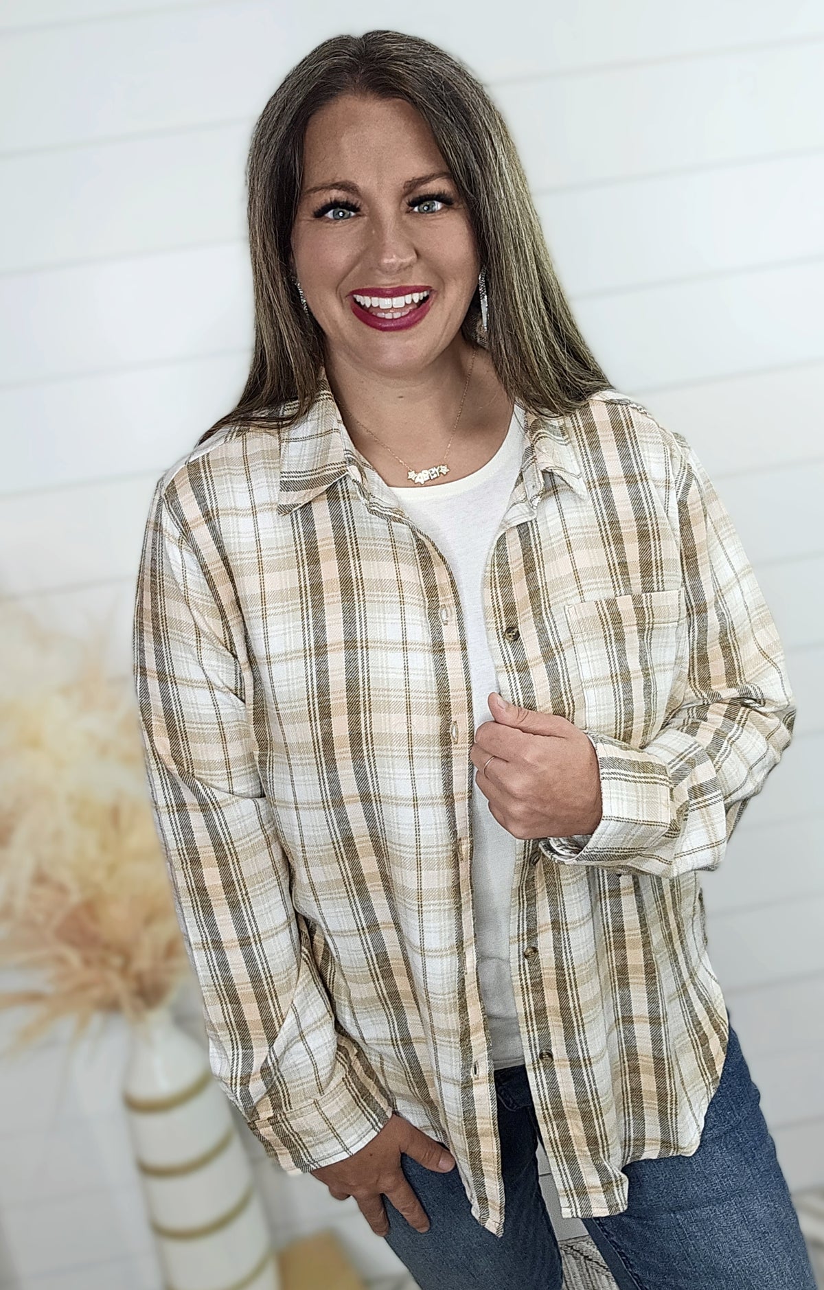 KHAKI PLAID BUTTON DOWN TOP