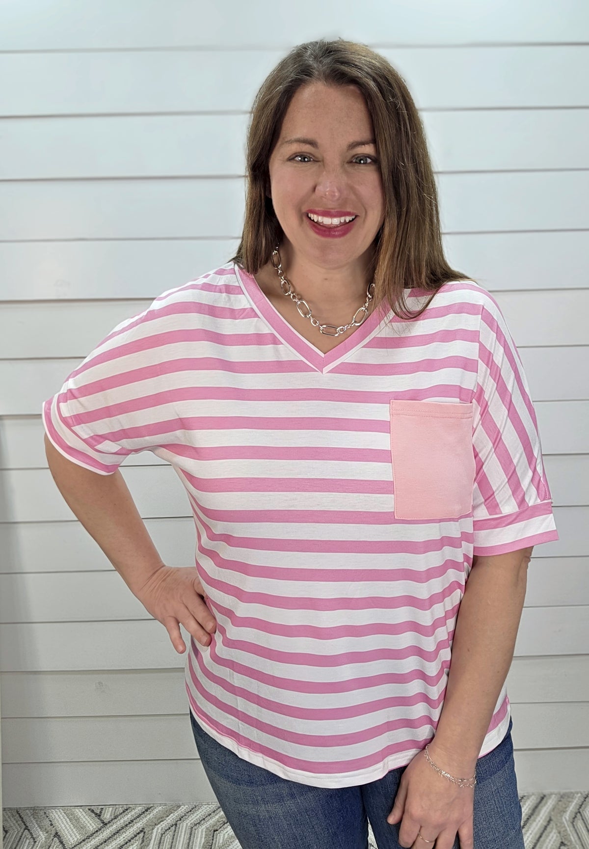 PINK STRIPED V NECK POCKET KNIT TOP
