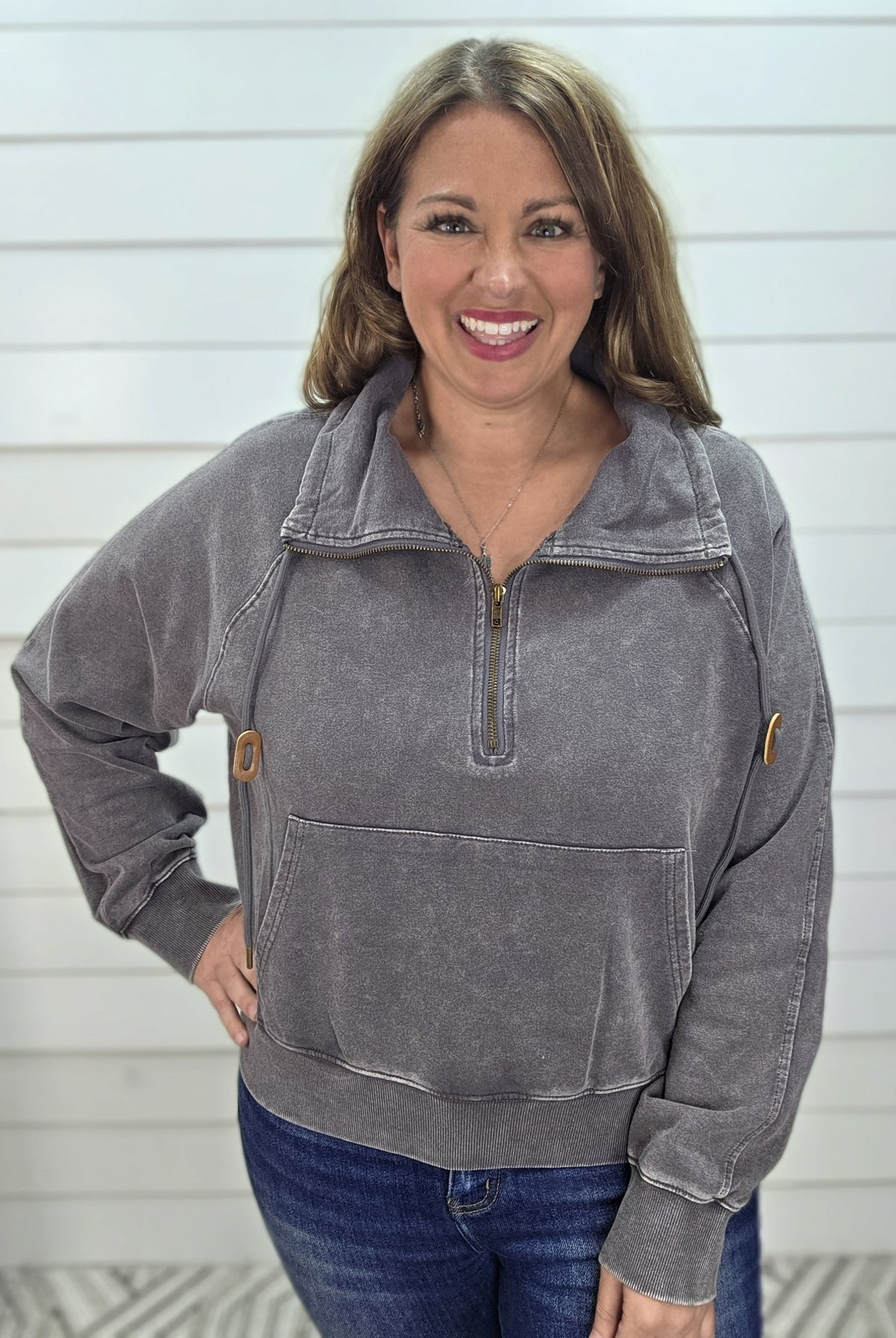 WASHED GREY QUARTER ZIP PULLOVER
