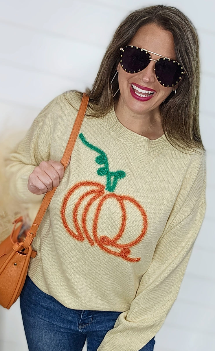 FALL PUMPKIN YARN EMBROIDERED SWEATER