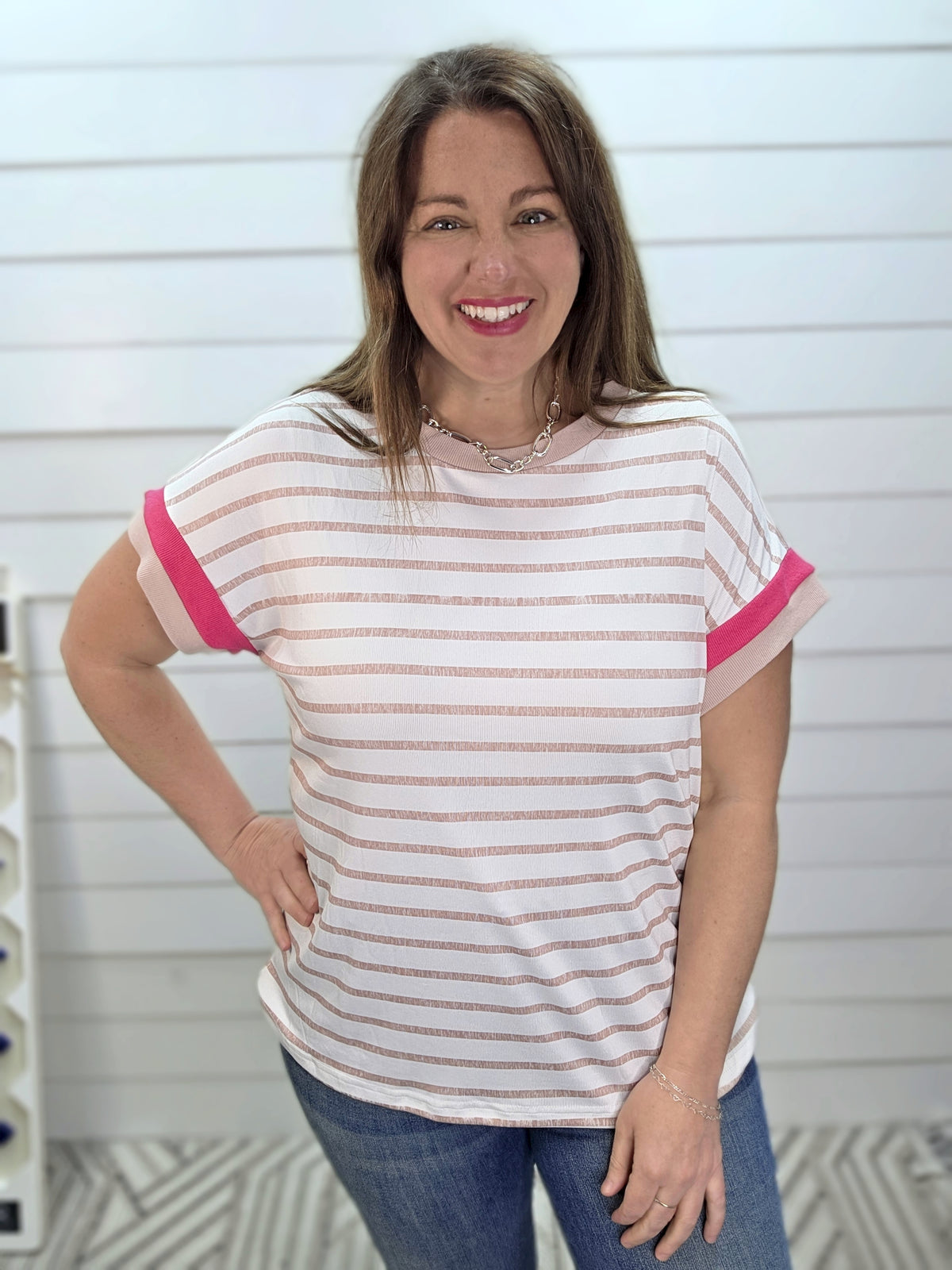 KHAKI STRIPED KNIT TOP W/ COLOR BLOCK PINK SLEEVE