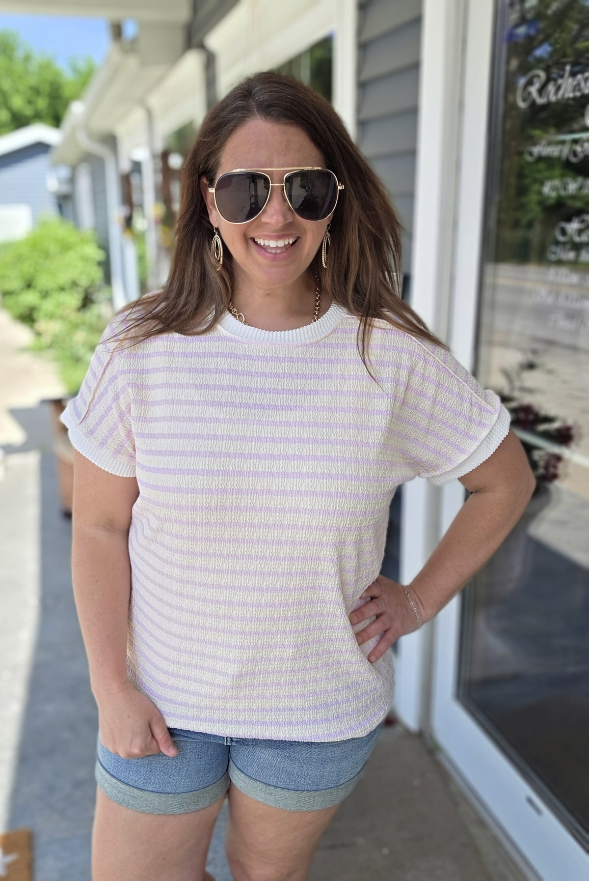 PINK STRIPED TEXTURED KNIT TOP