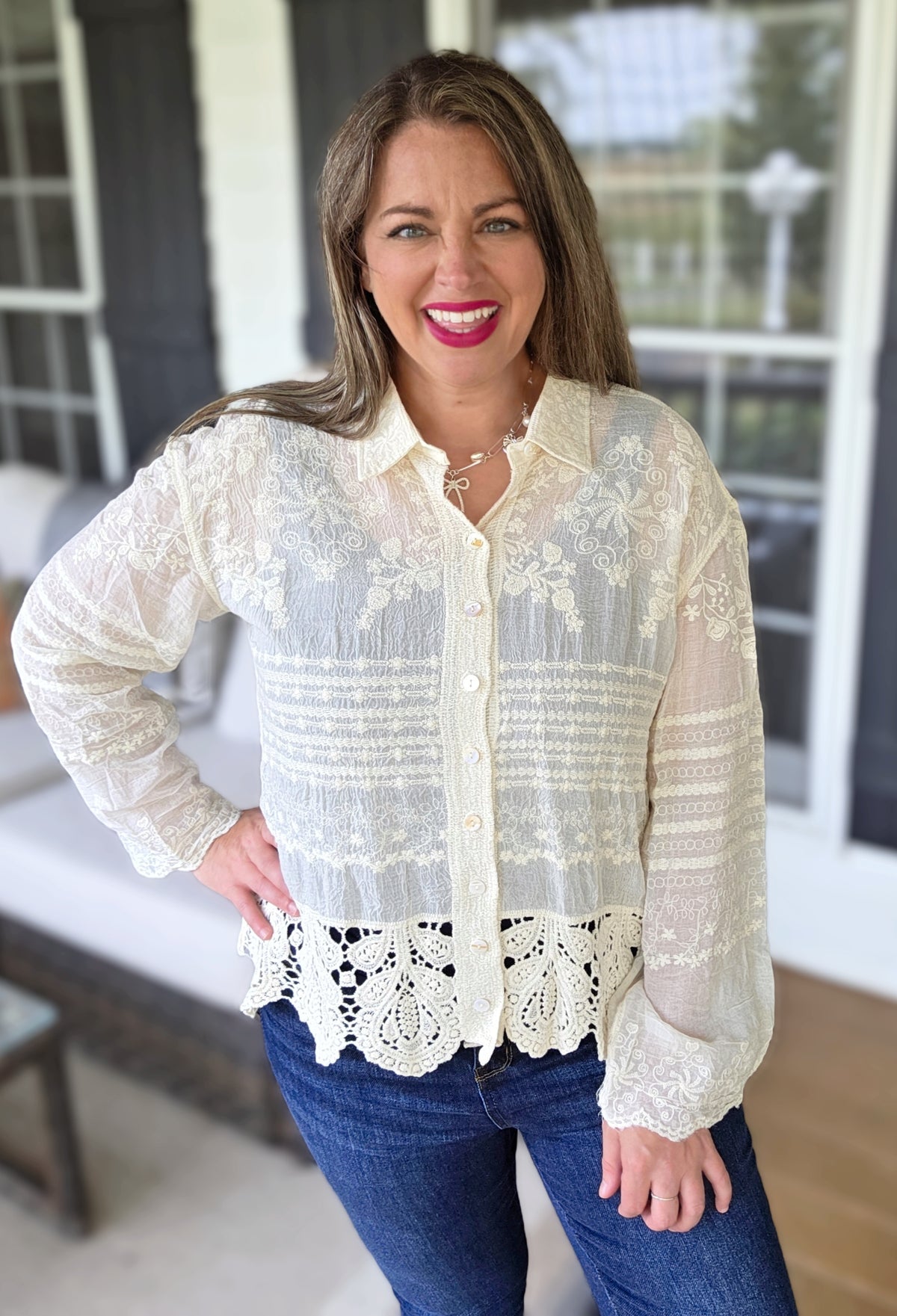 BEIGE EMBROIDERED BUTTON DOWN CROCHET LACE TOP