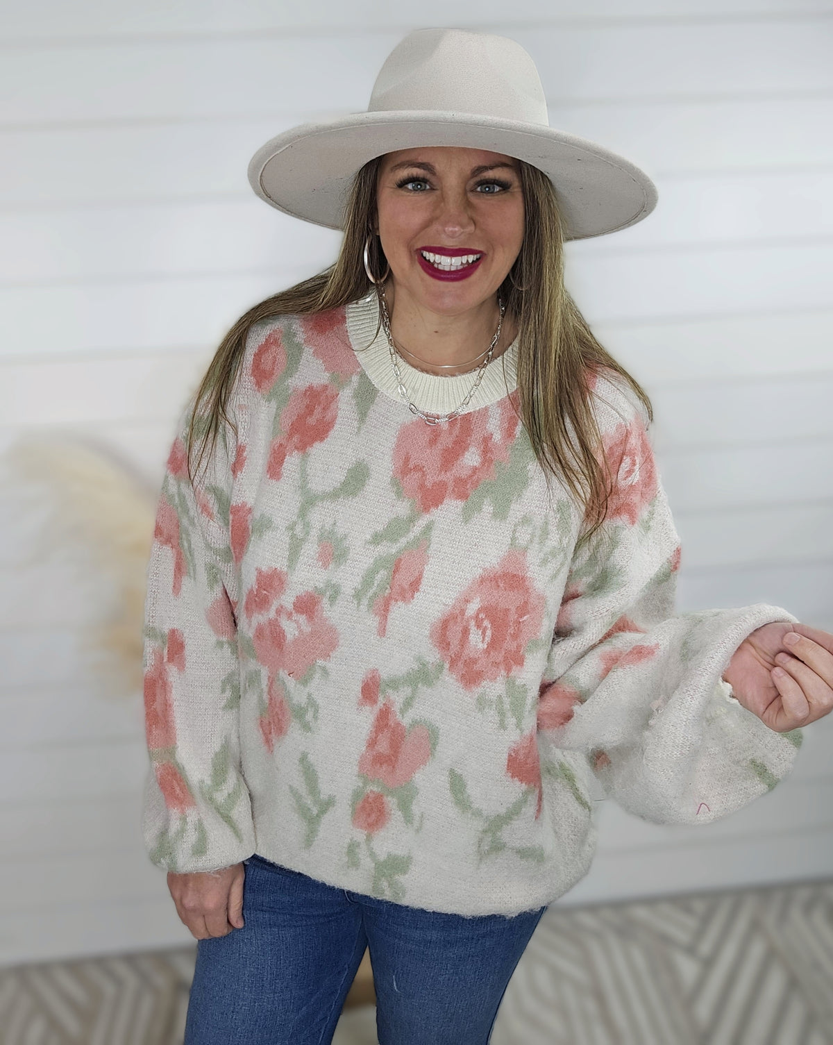 IVORY ROSE FUZZY KNIT SWEATER