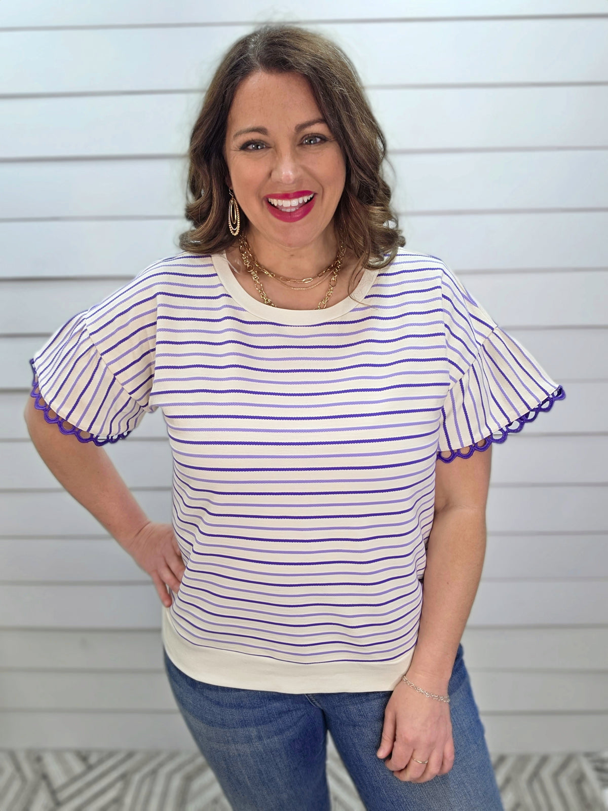 PURPLE/WHITE STRIPED KNIT TOP W/ RUFFLE SLEEVES