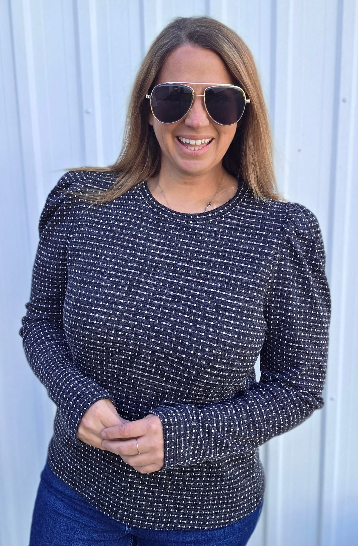 Black Dotted Puff Sleeve Crewneck Knit  Top