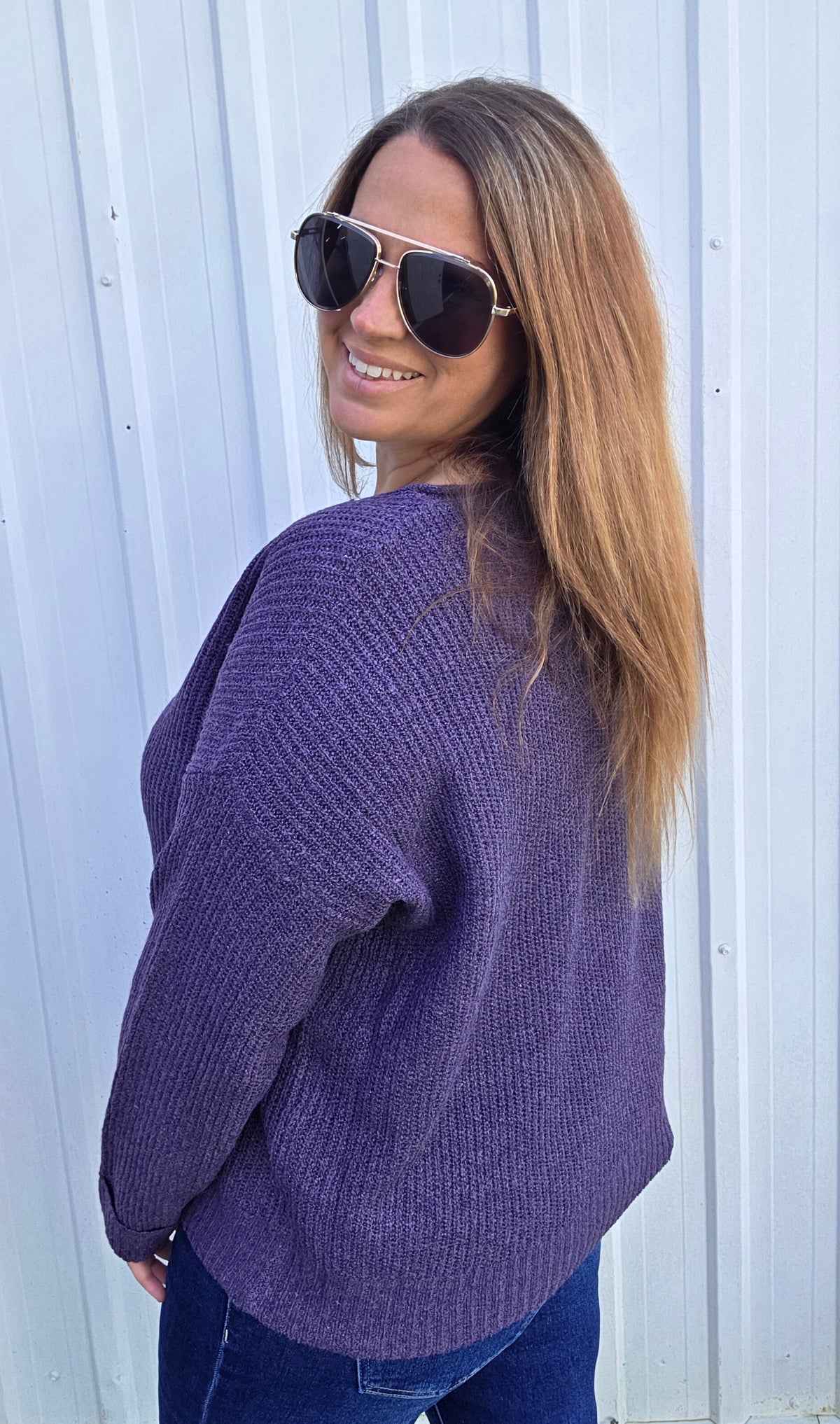 Eggplant Slit Neck With Patch Detail, Long Sleeve, Ribbed, Solid Sweater