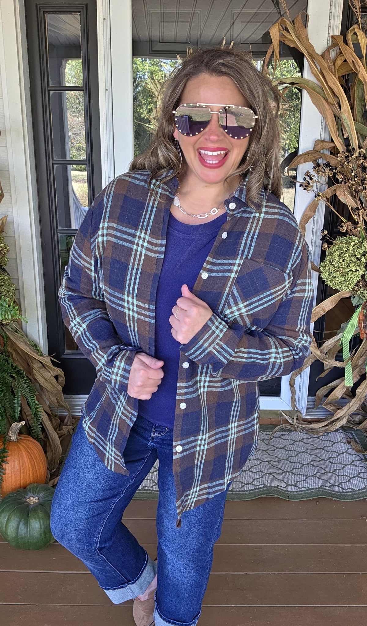 BLUE/BROWN/TEAL CHECK BUTTON DOWN PLAID TOP
