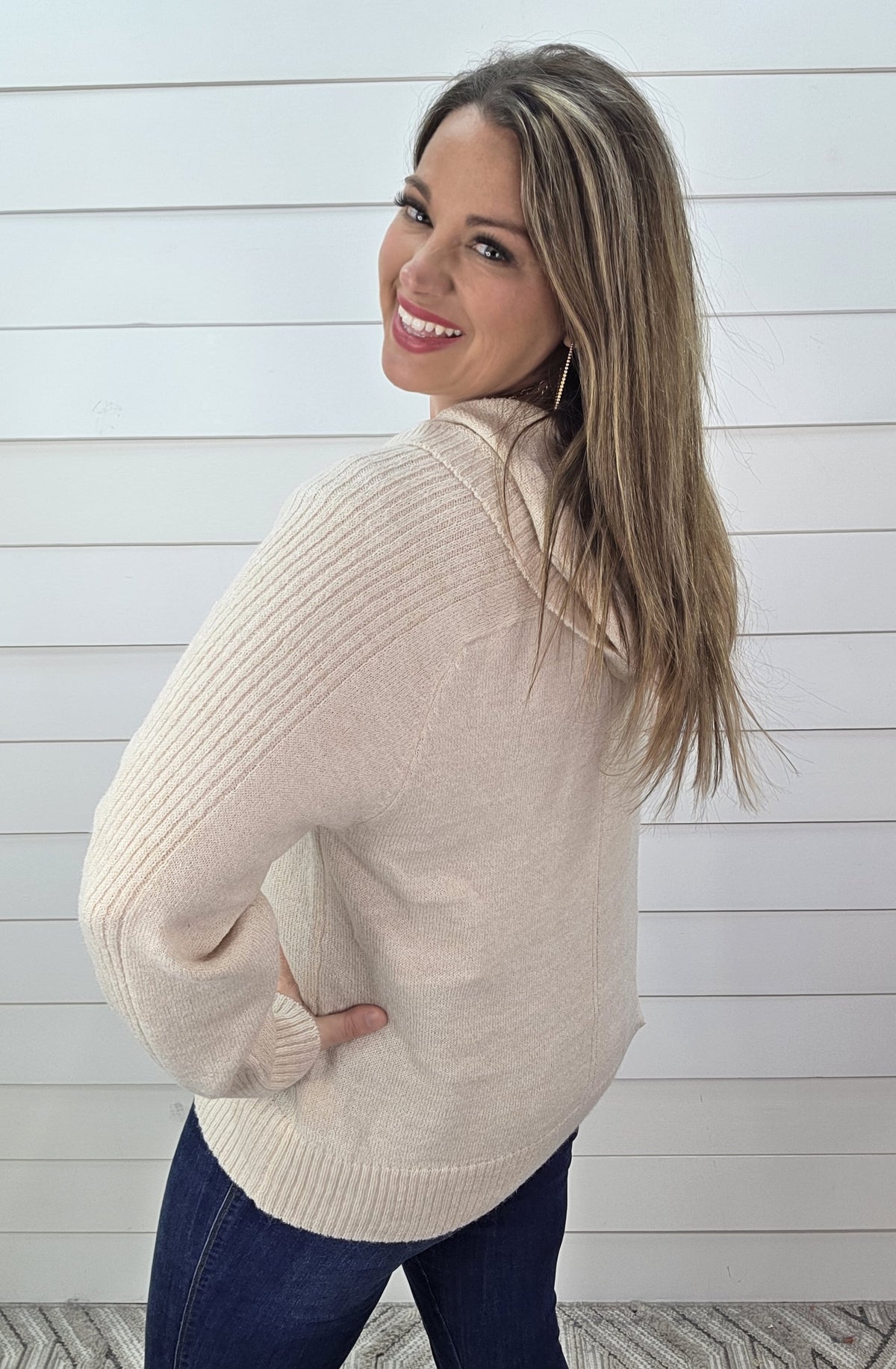 OATMEAL HOODED LIGTH WEIGHT RIBBED CONTRAST SWEATER