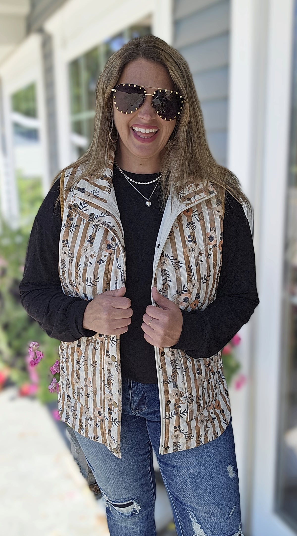 CAMEL STRIPED/FLORAL ZIP UP QUILTED VEST