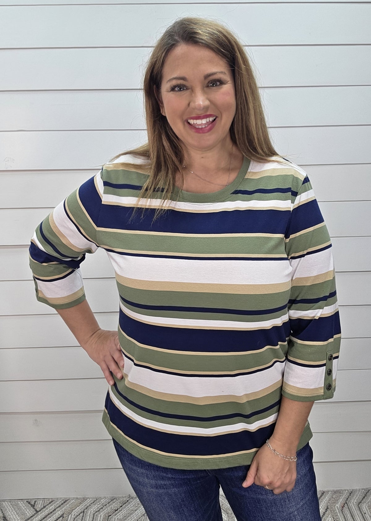 OLIVE/NAVY STRIPED 3/4 SLEEVE KNIT TOP