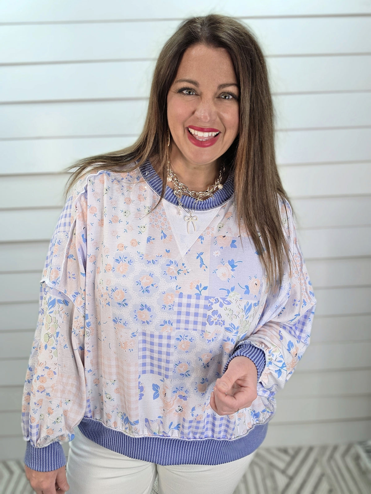 LIGHT BLUE PATCHWORK OVERSIZED LOOSE FIT KNIT TOP