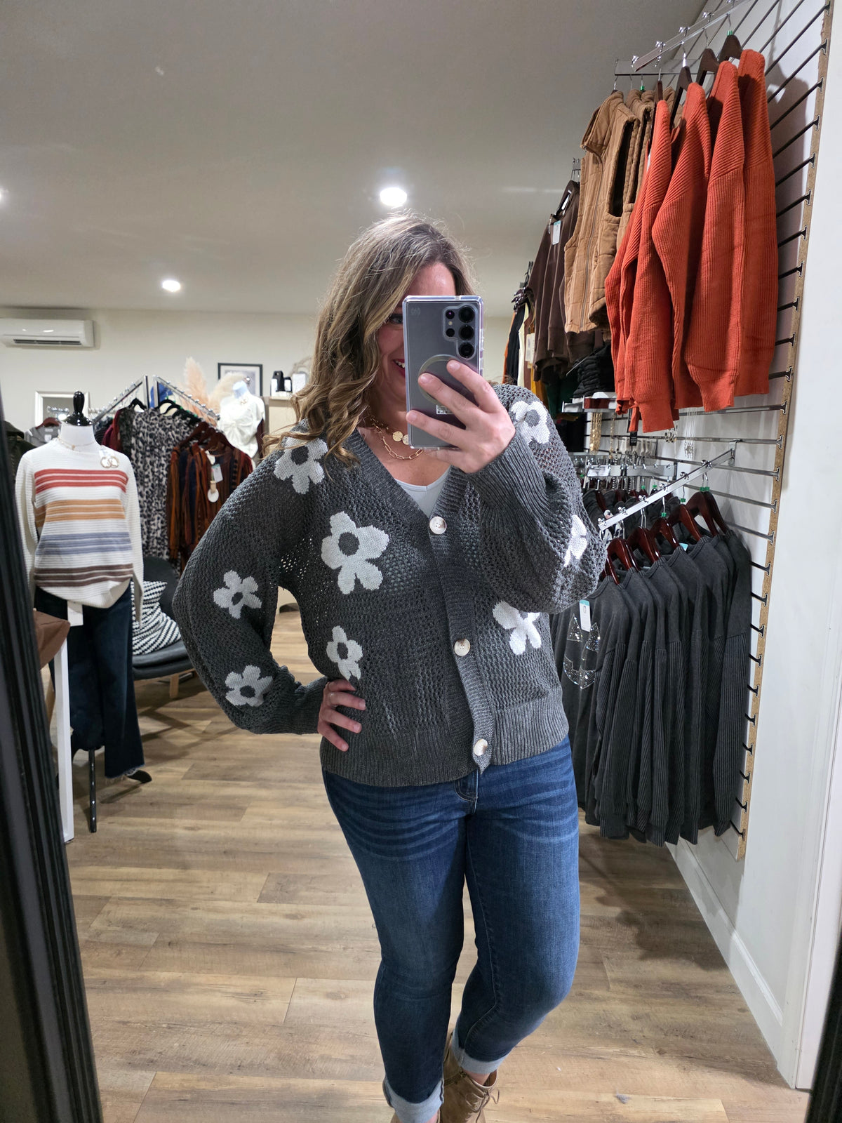CHARCOAL OPEN KNIT BUTTON CARDIGAN WITH FLORAL DETAIL