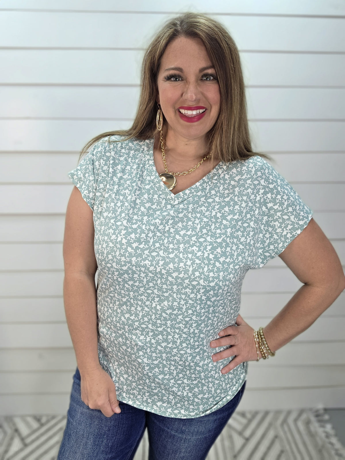 SAGE FLORAL V NECK BUTTER SOFT TOP